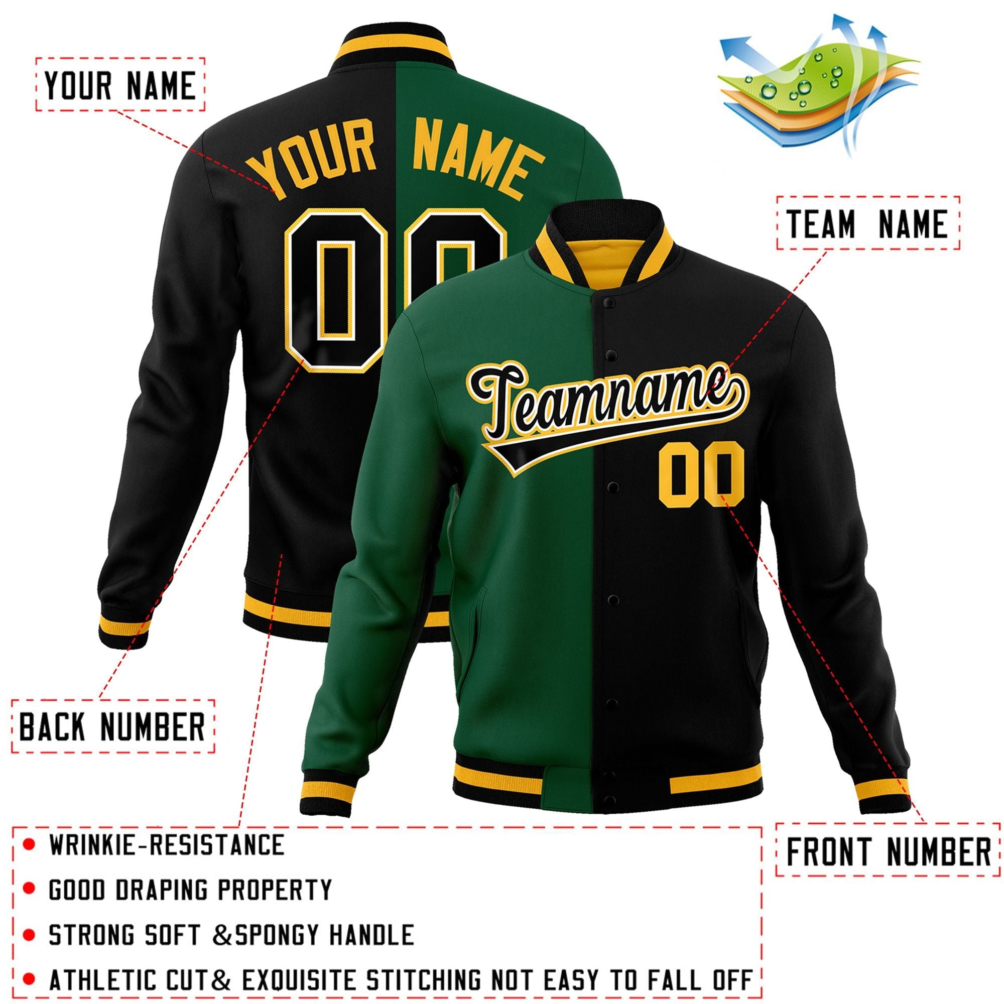 Veste de mode fendue bicolore personnalisée vert noir-noir Varsity Letterman