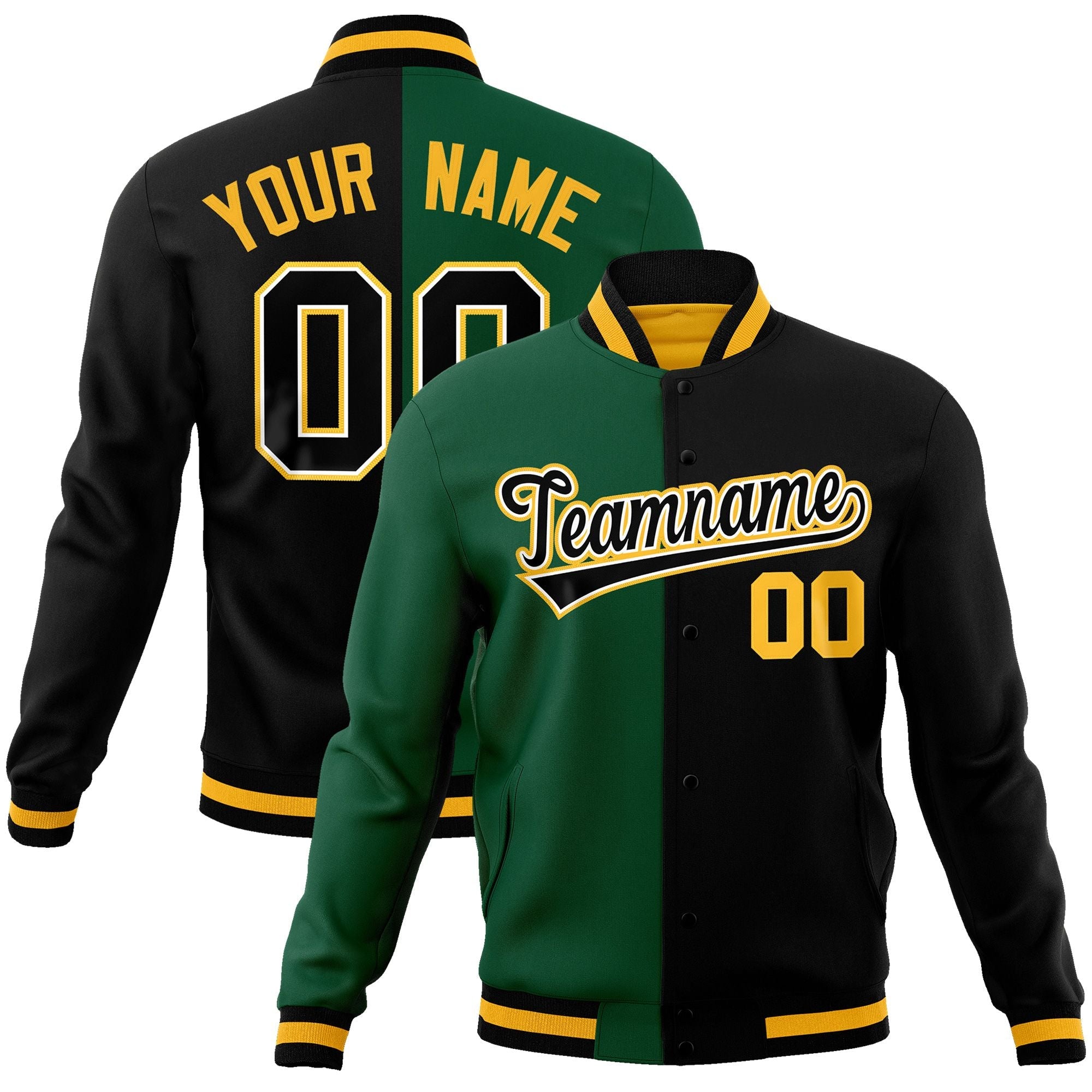 Custom Green Black-Black Varsity Full-Snap Letterman Two Tone Split Fashion Jacket