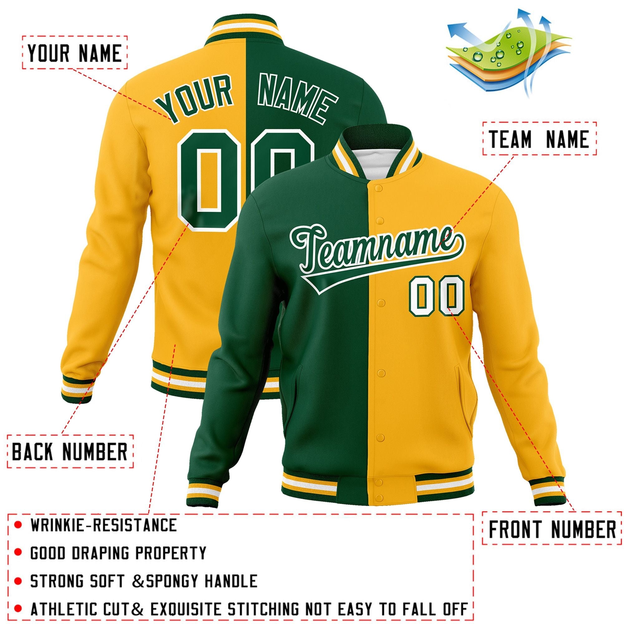 Custom Green Yellow-Green Varsity Full-Snap Letterman Two Tone Split Fashion Jacket