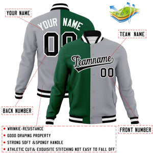 Veste de mode fendue bicolore personnalisée vert gris-noir Varsity Full-Snap Letterman