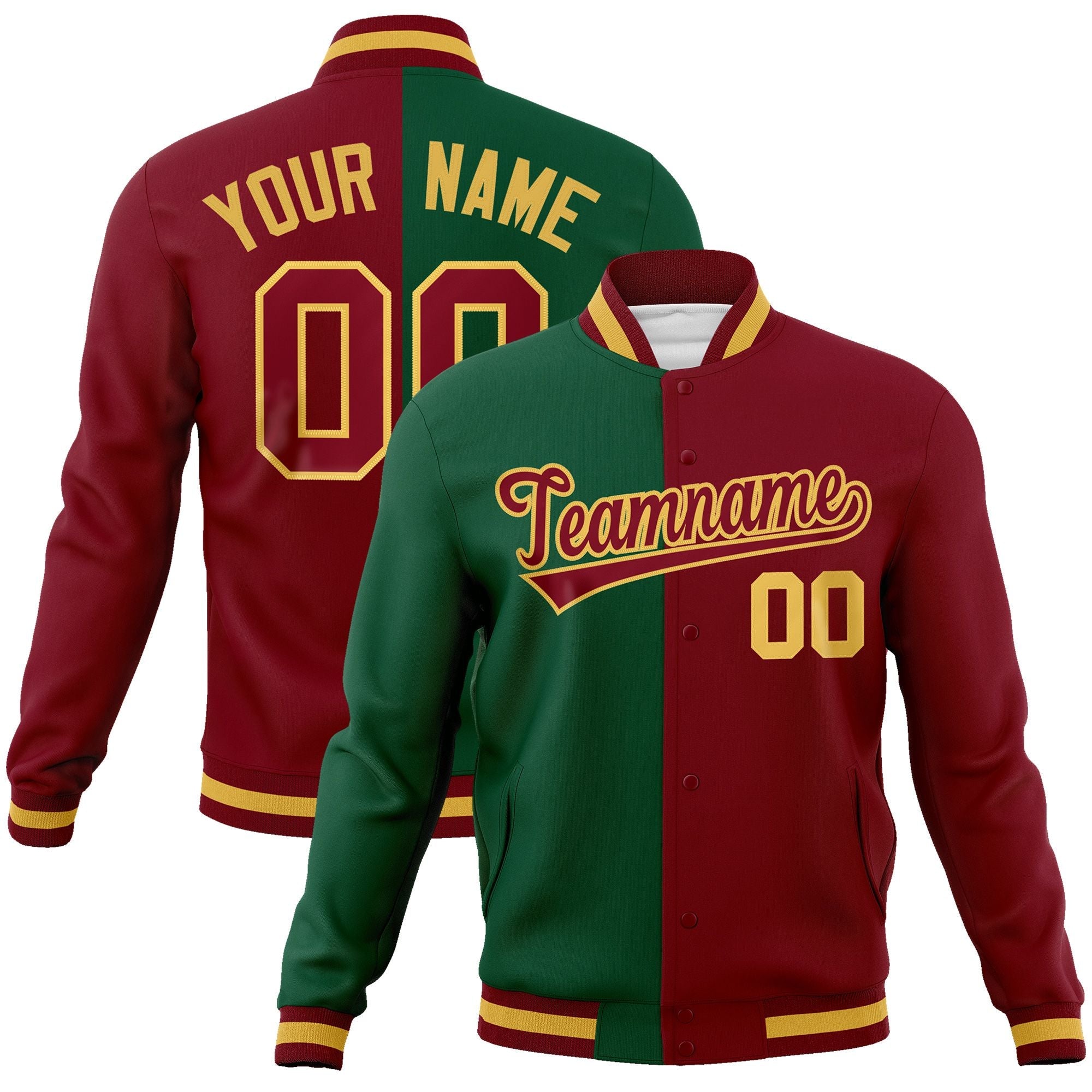 Custom Green Crimson-Crimson Varsity Full-Snap Letterman Two Tone Split Fashion Jacket