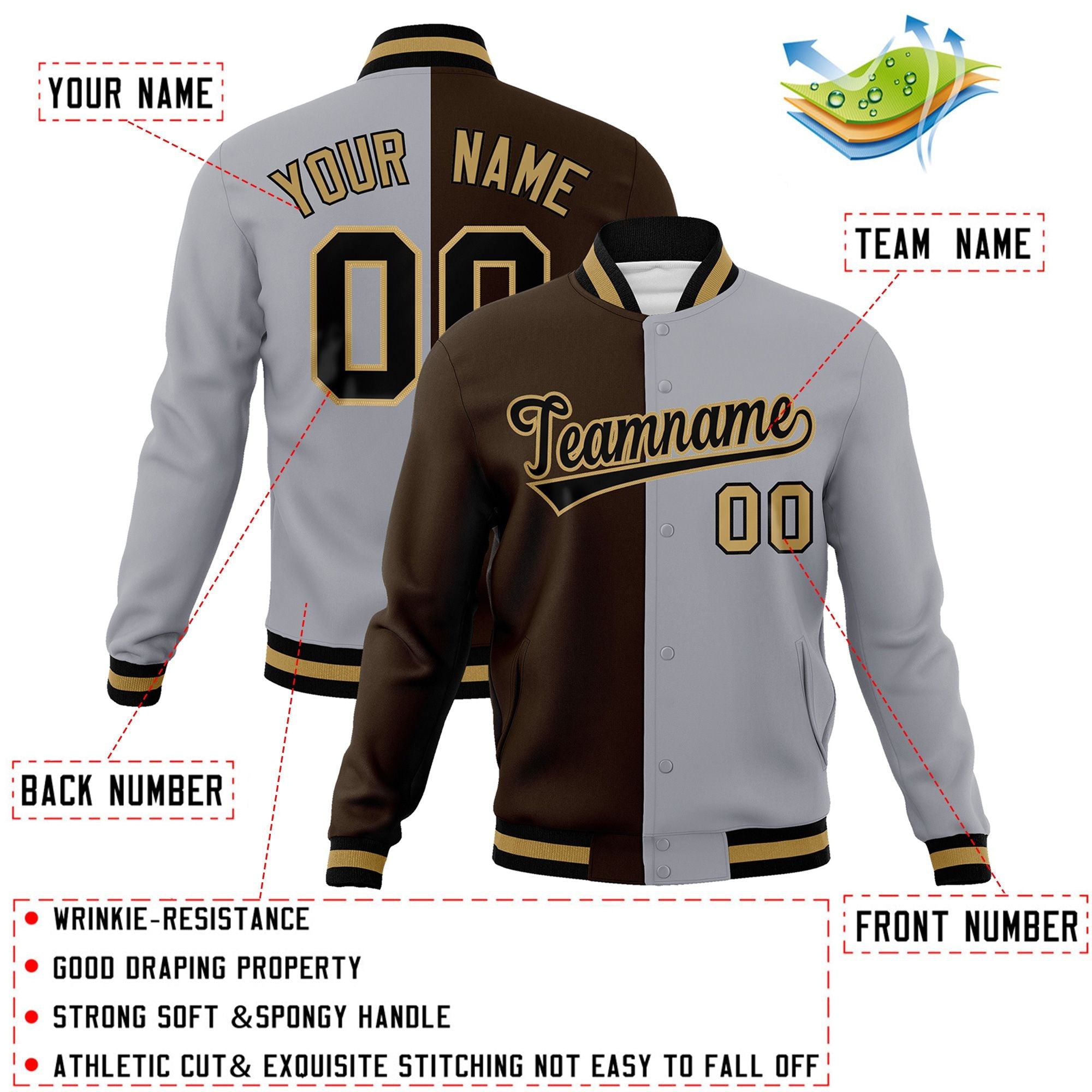 Custom Brown Gray-Black Varsity Full-Snap Letterman Two Tone Split Fashion Jacket