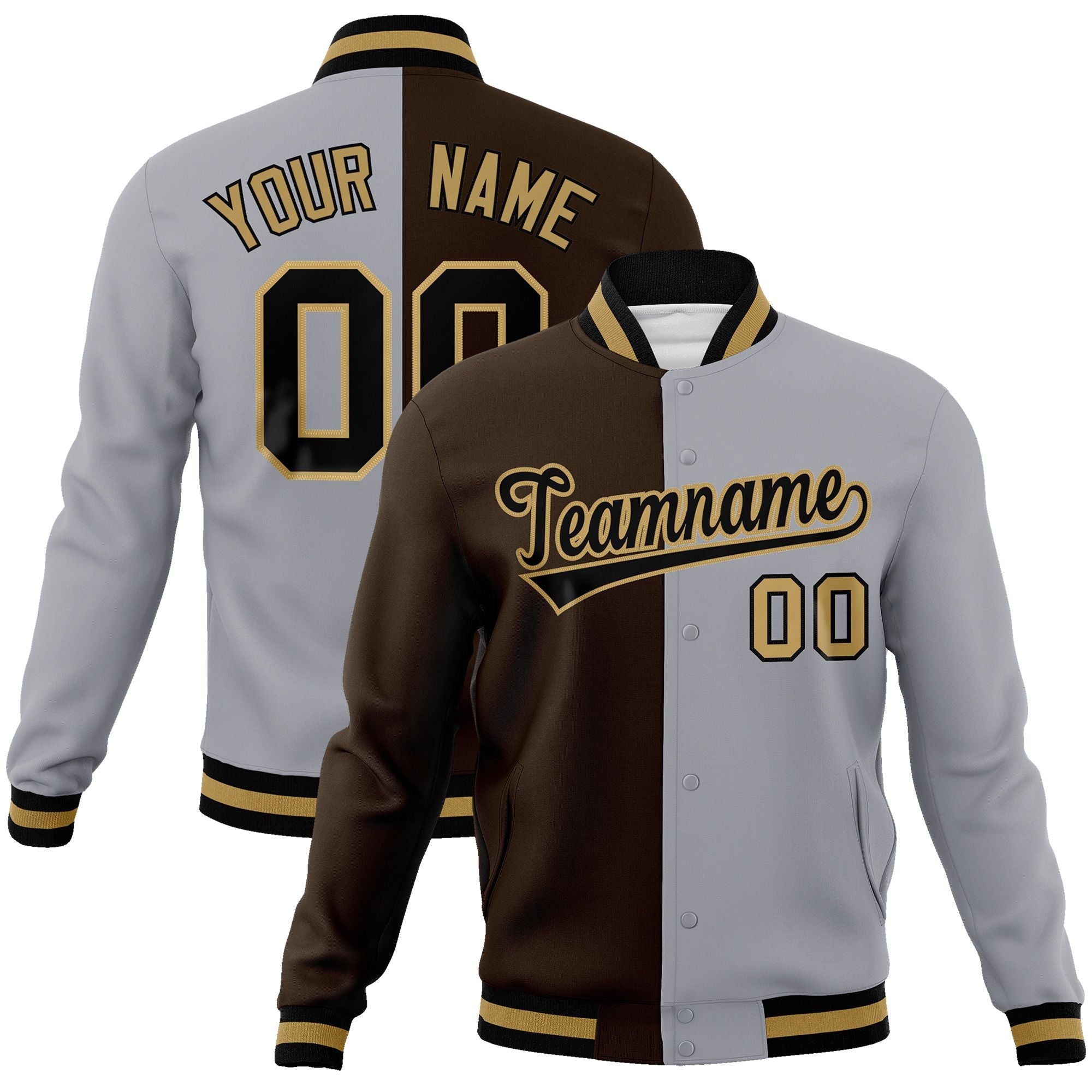 Custom Brown Gray-Black Varsity Full-Snap Letterman Two Tone Split Fashion Jacket