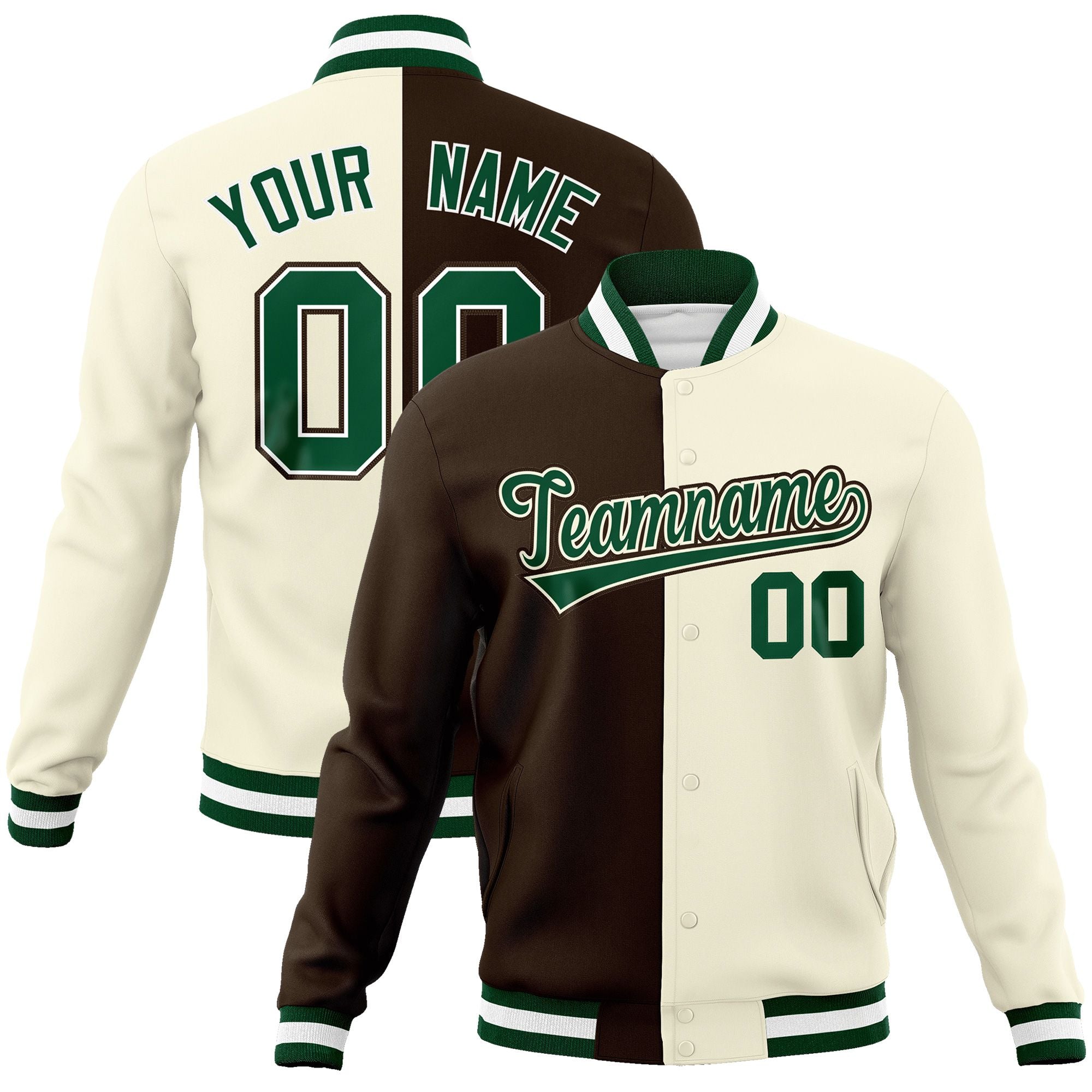 Custom Brown Khaki-Green Varsity Full-Snap Letterman Two Tone Split Fashion Jacket