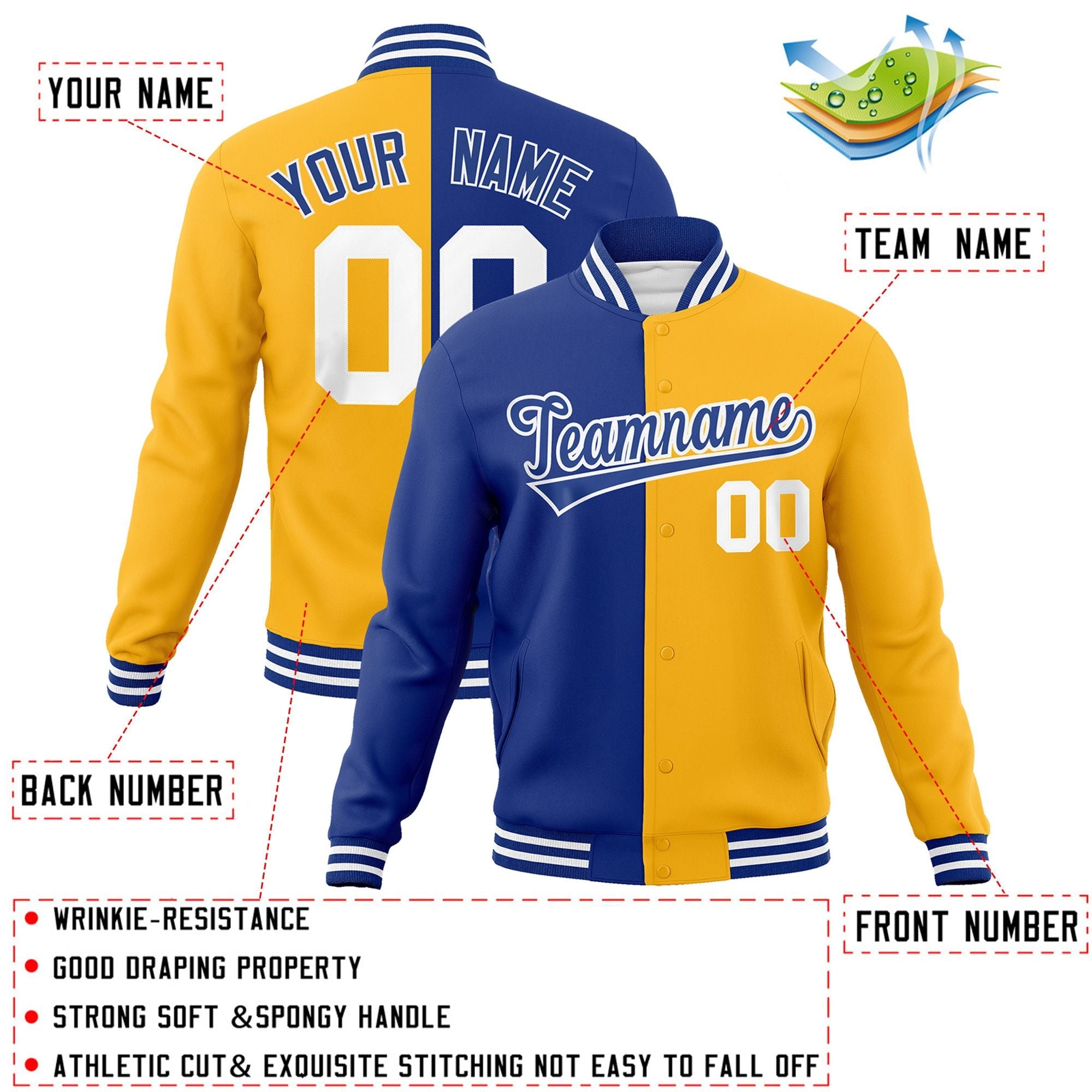 Veste de mode fendue bicolore personnalisée Royal Yellow-Royal Varsity Full-Snap Letterman