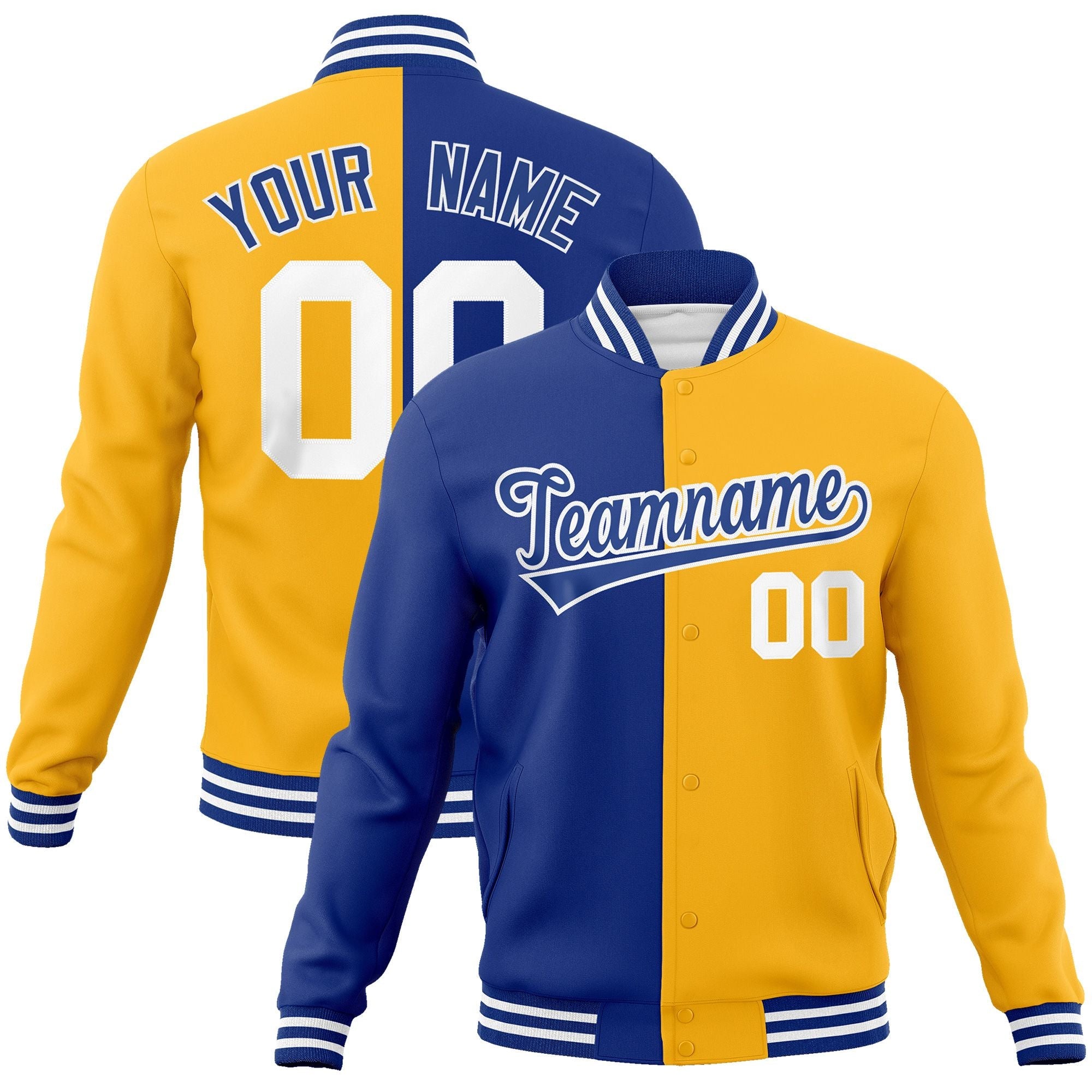 Custom Royal Yellow-Royal Varsity Full-Snap Letterman Two Tone Split Fashion Jacket