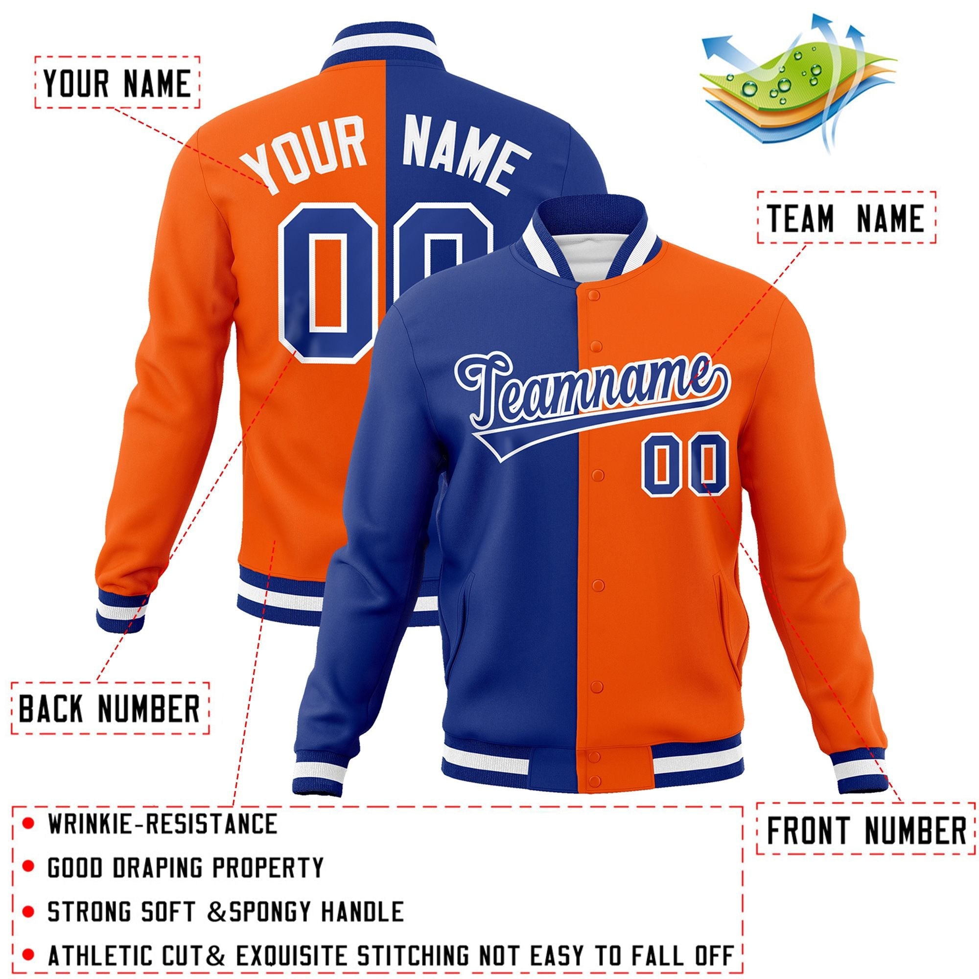 Custom Royal Orange-Royal Varsity Full-Snap Letterman Veste de mode fendue bicolore