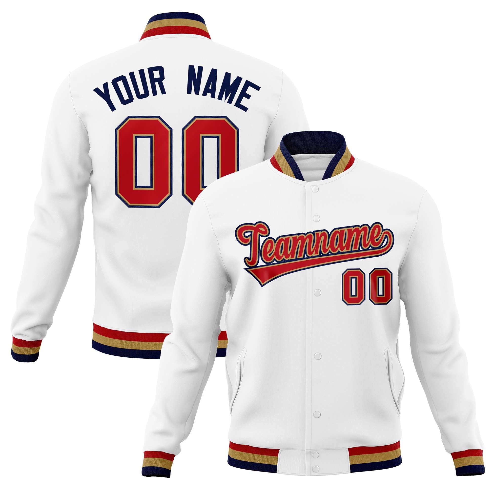 Custom White Red-Navy Classic Style Varsity Full-Snap Letterman Jacket