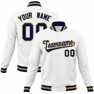 Custom White Navy-Old Gold Classic Style Varsity Full-Snap Letterman Jacket