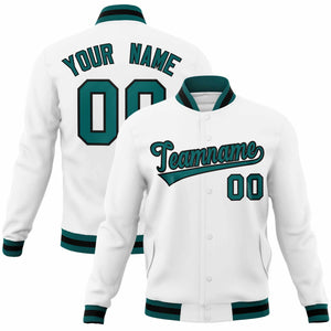 Custom White Aqua-Black Classic Style Varsity Full-Snap Letterman Jacket