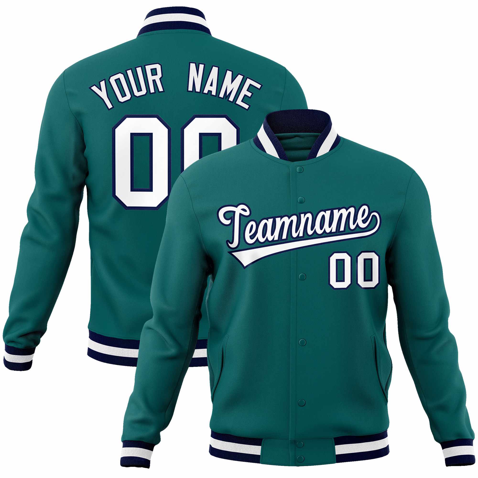 Custom Aqua White-Navy Classic Style Varsity Full-Snap Letterman Jacket