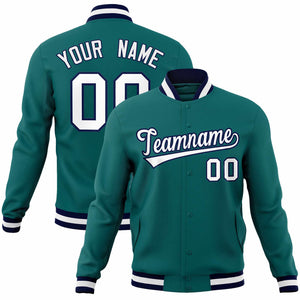 Custom Aqua White-Navy Classic Style Varsity Full-Snap Letterman Jacket