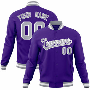 Custom Purple Gray-White Classic Style Varsity Full-Snap Letterman Jacket