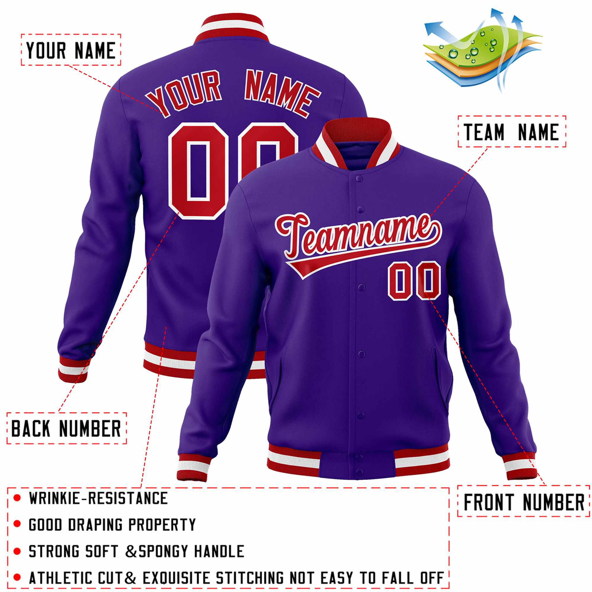 Custom Purple Red-White Classic Style Varsity Full-Snap Letterman Jacket