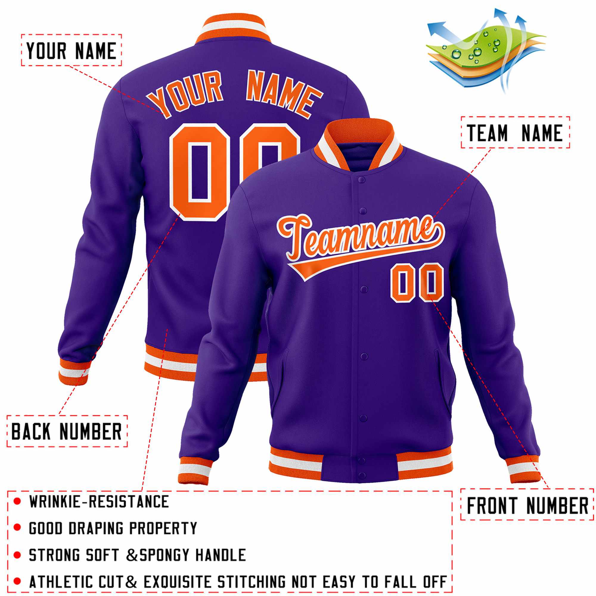 Custom Purple Orange-White Classic Style Varsity Full-Snap Letterman Jacket