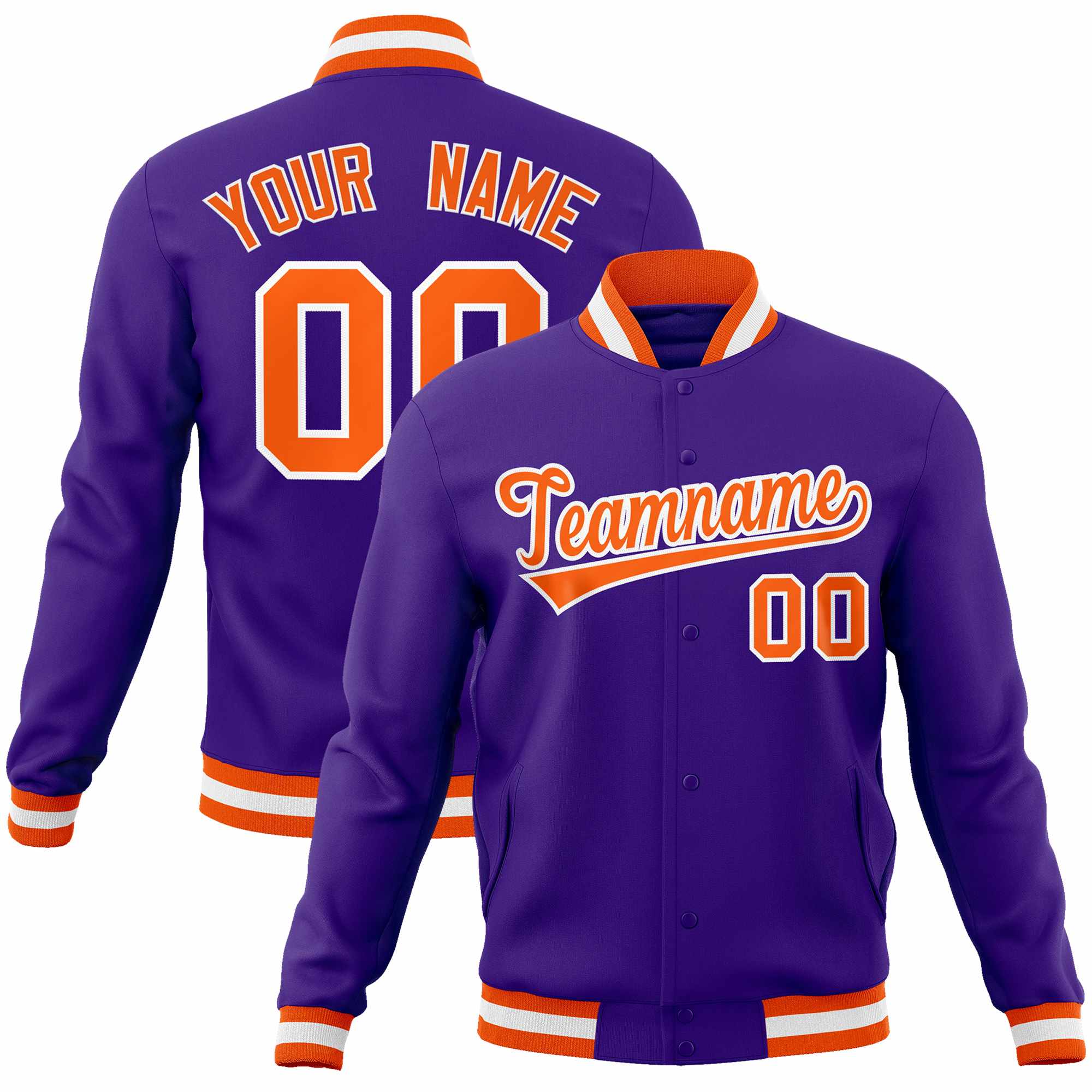 Custom Purple Orange-White Classic Style Varsity Full-Snap Letterman Jacket