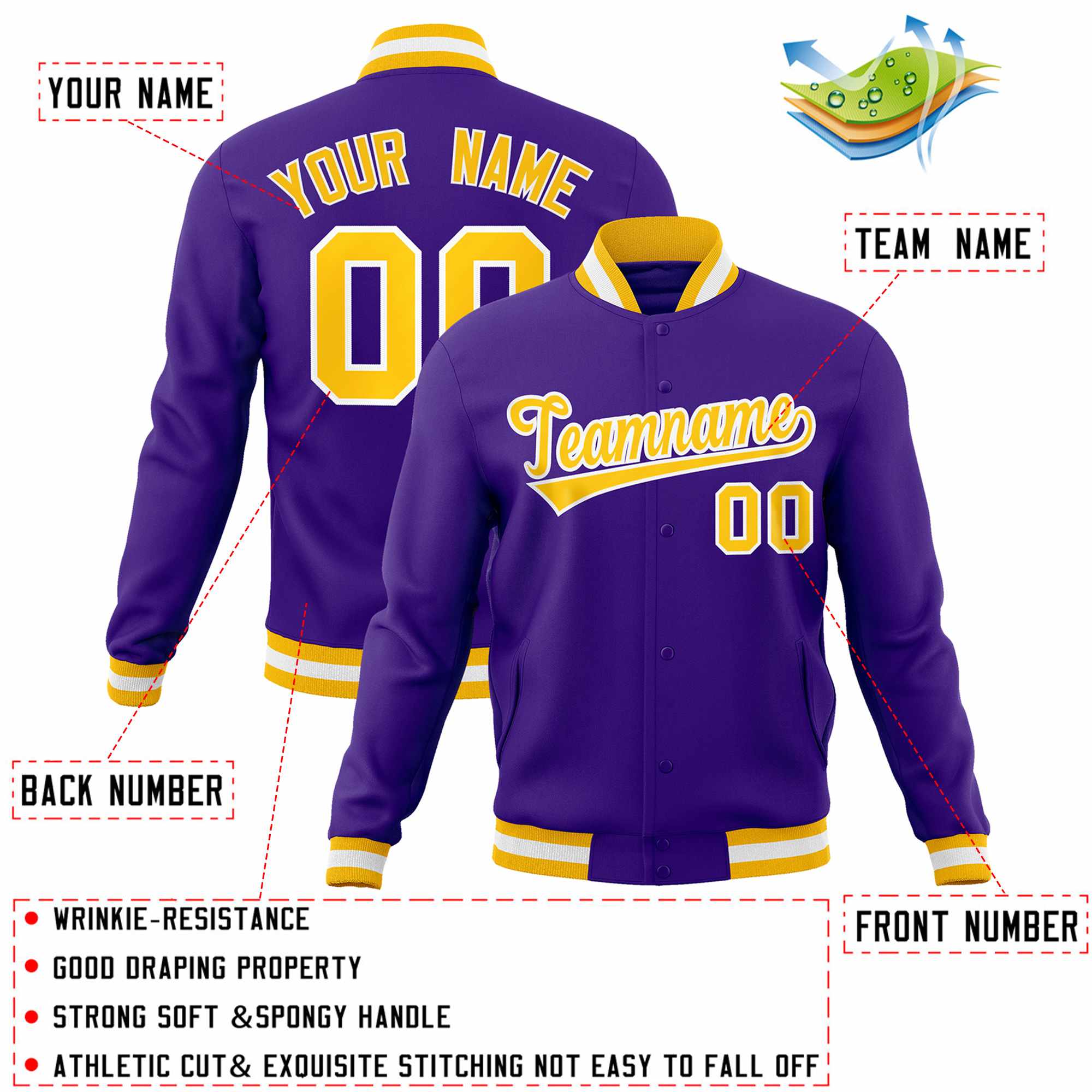 Custom Purple Gold-White Classic Style Varsity Full-Snap Letterman Jacket