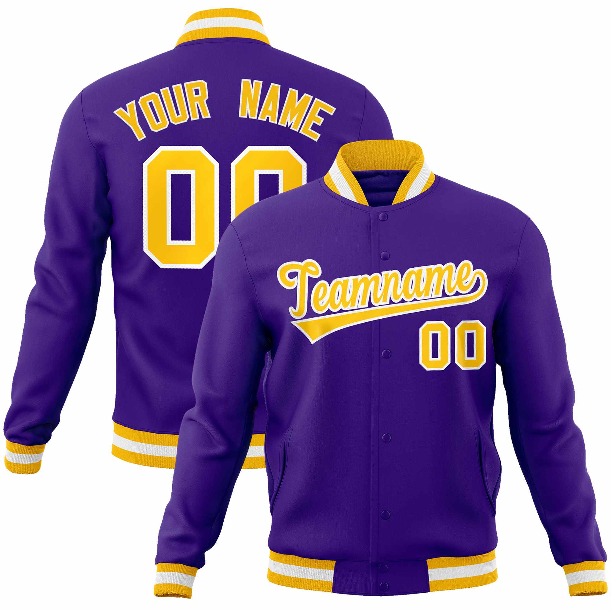 Custom Purple Gold-White Classic Style Varsity Full-Snap Letterman Jacket