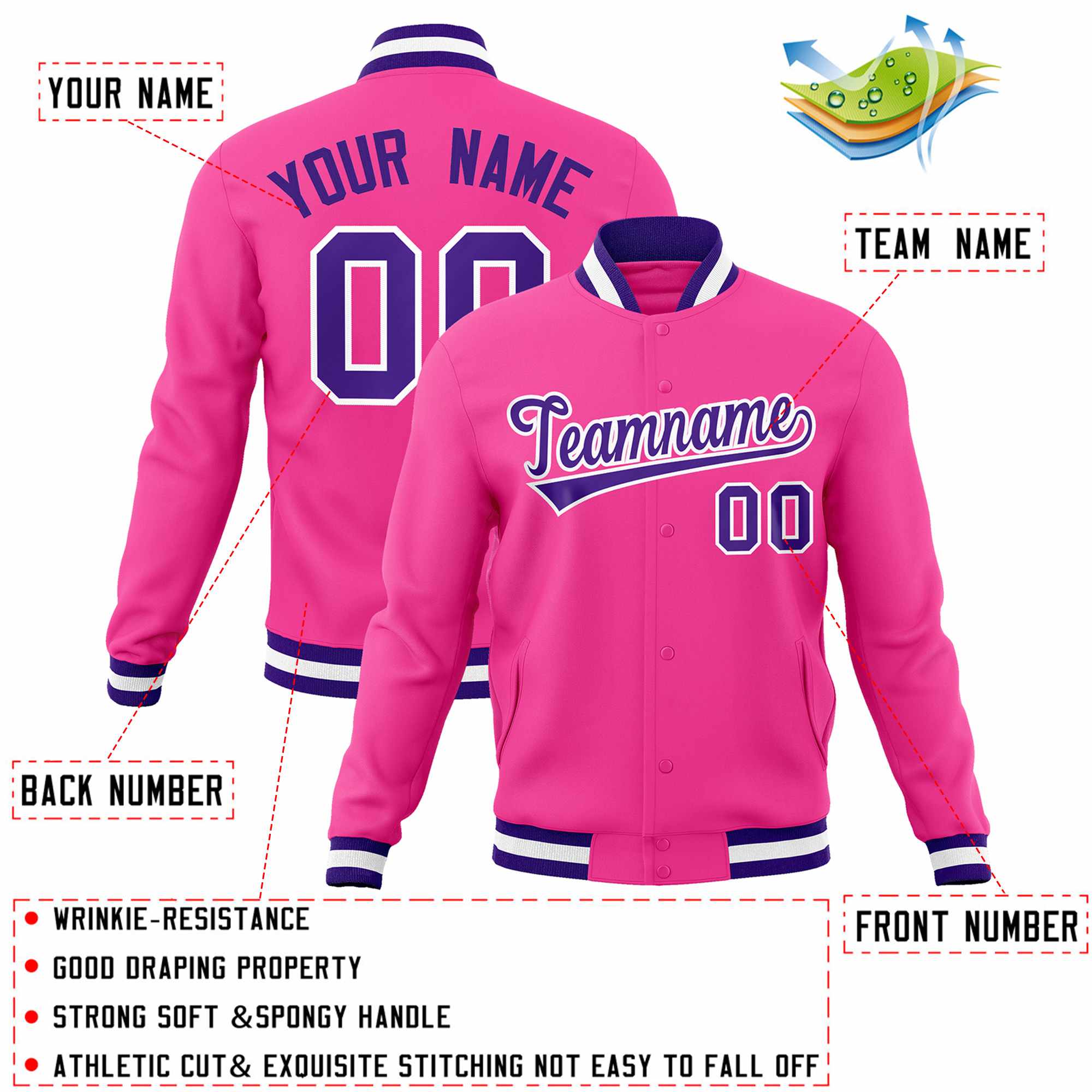 Custom Pink Purple-White Classic Style Varsity Full-Snap Letterman Jacket