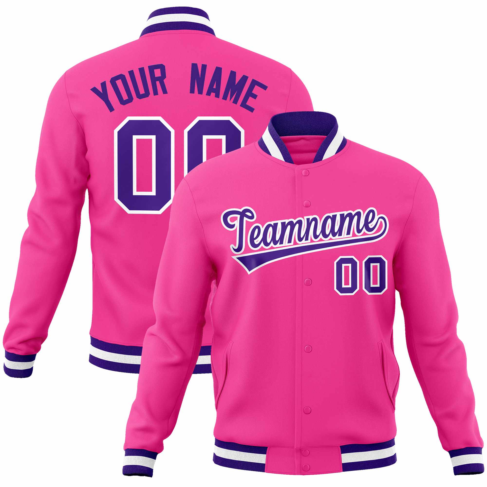 Custom Pink Purple-White Classic Style Varsity Full-Snap Letterman Jacket