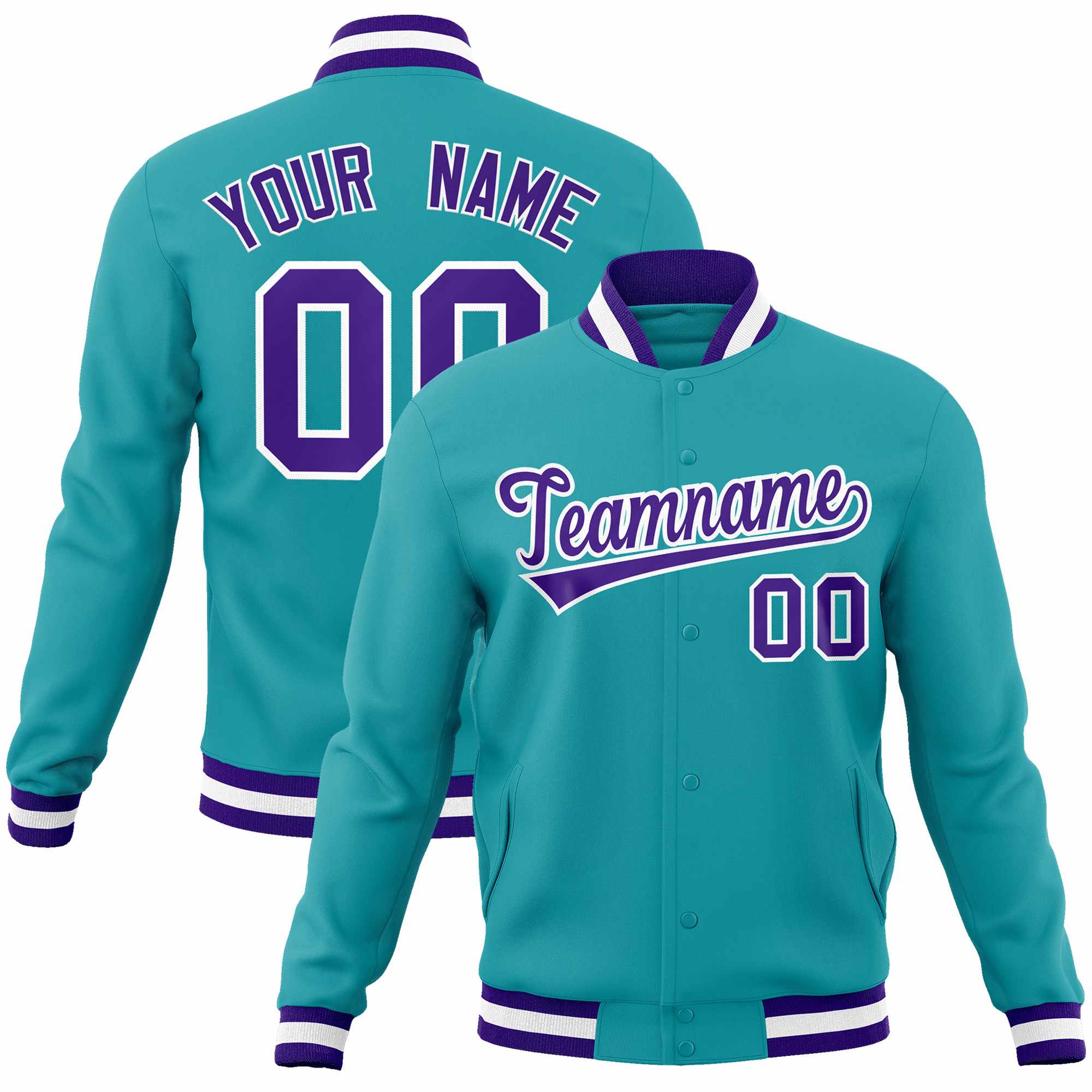 Custom Aqua Purple-White Classic Style Varsity Full-Snap Letterman Jacket