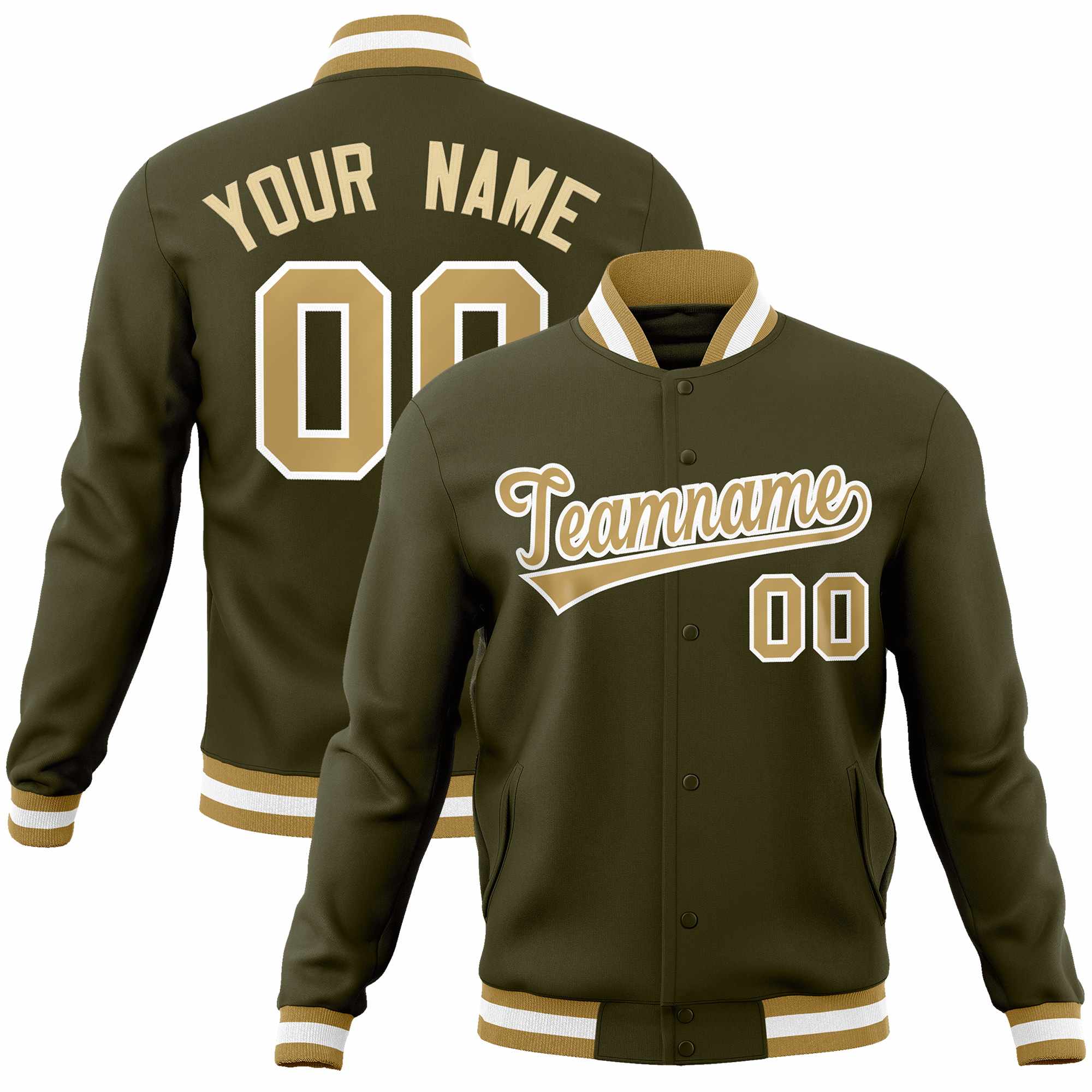 Custom Olive Old Gold-White Classic Style Varsity Full-Snap Letterman Jacket