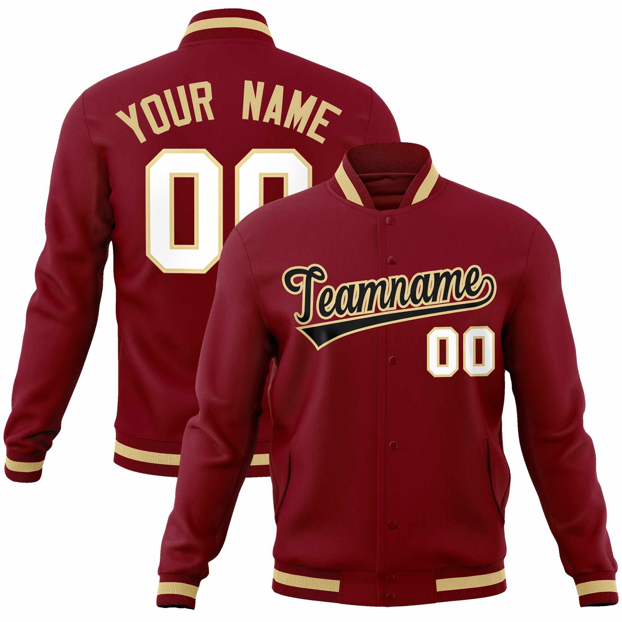 Custom Crimson Black-Khaki Classic Style Varsity Full-Snap Letterman Jacket