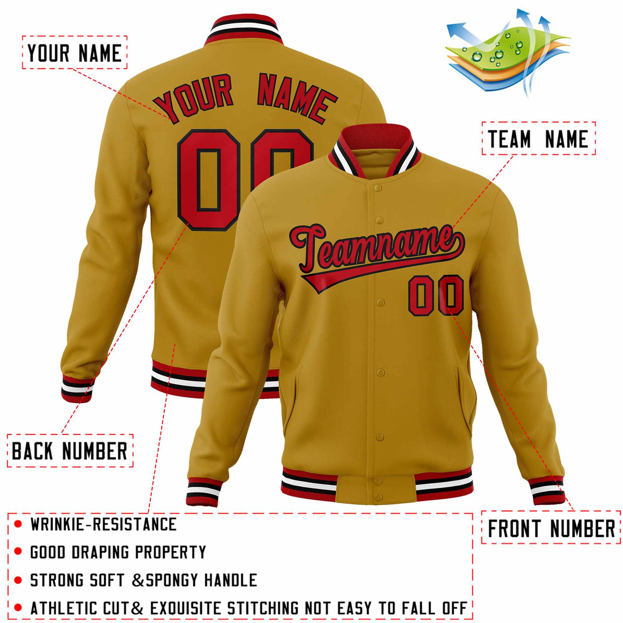 Custom Old Gold Red-Black Classic Style Varsity Full-Snap Letterman Jacket