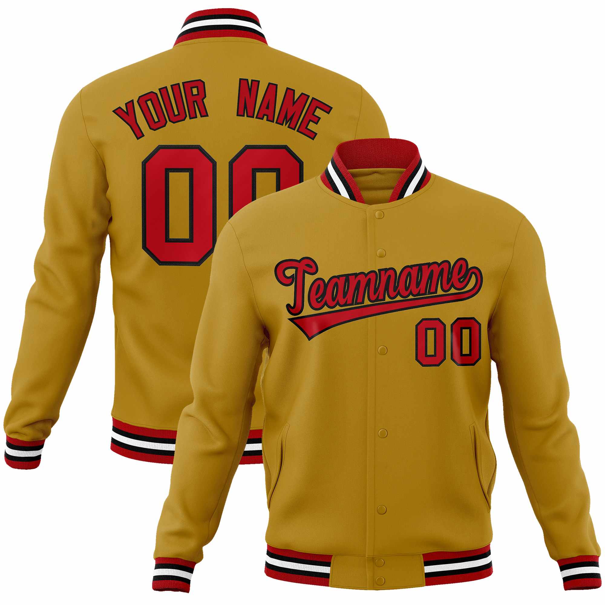 Custom Old Gold Red-Black Classic Style Varsity Full-Snap Letterman Jacket