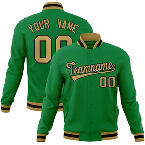 Custom Kelly Green Old Gold-Black Classic Style Varsity Full-Snap Letterman Jacket