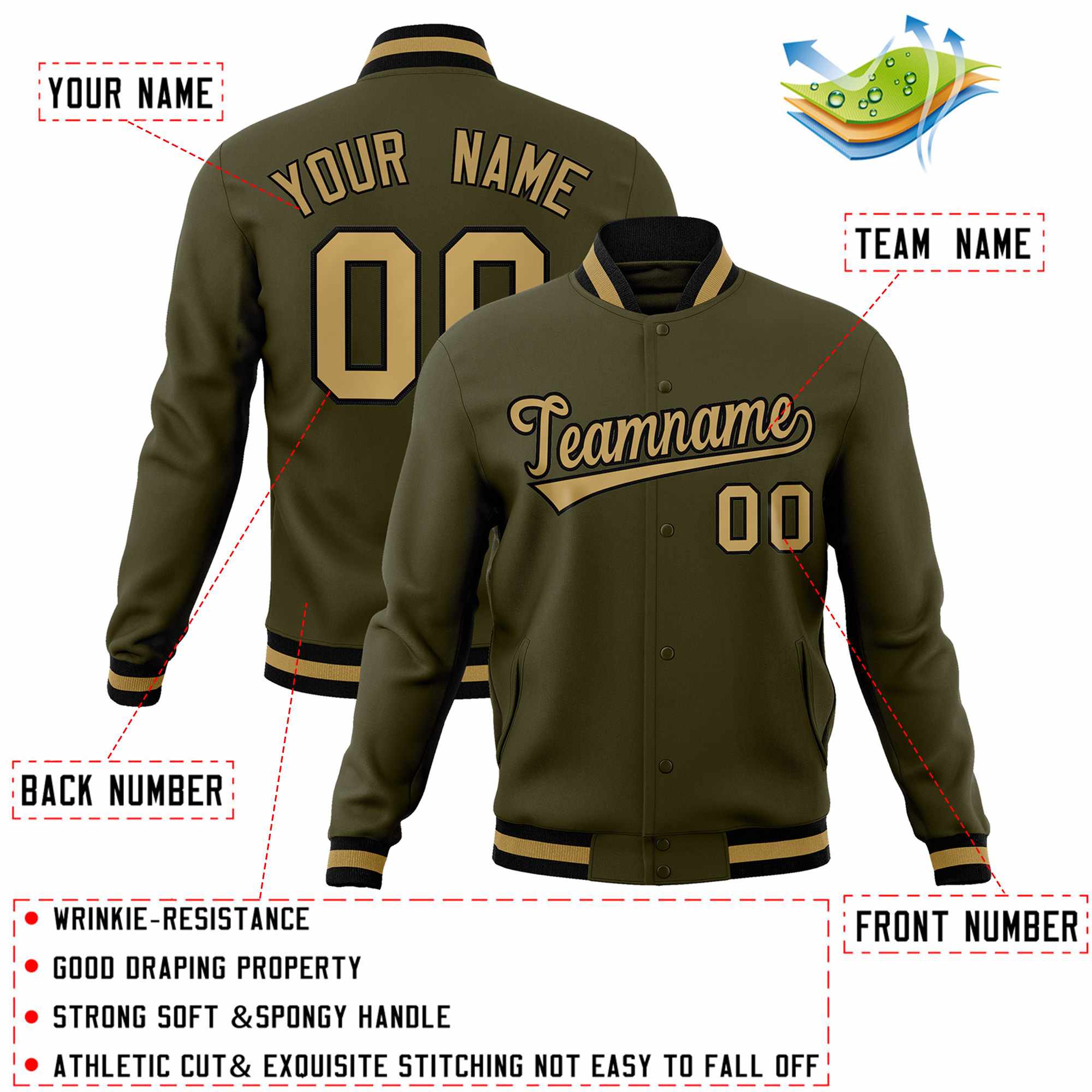 Custom Olive Old Gold-Black Classic Style Varsity Full-Snap Letterman Jacket