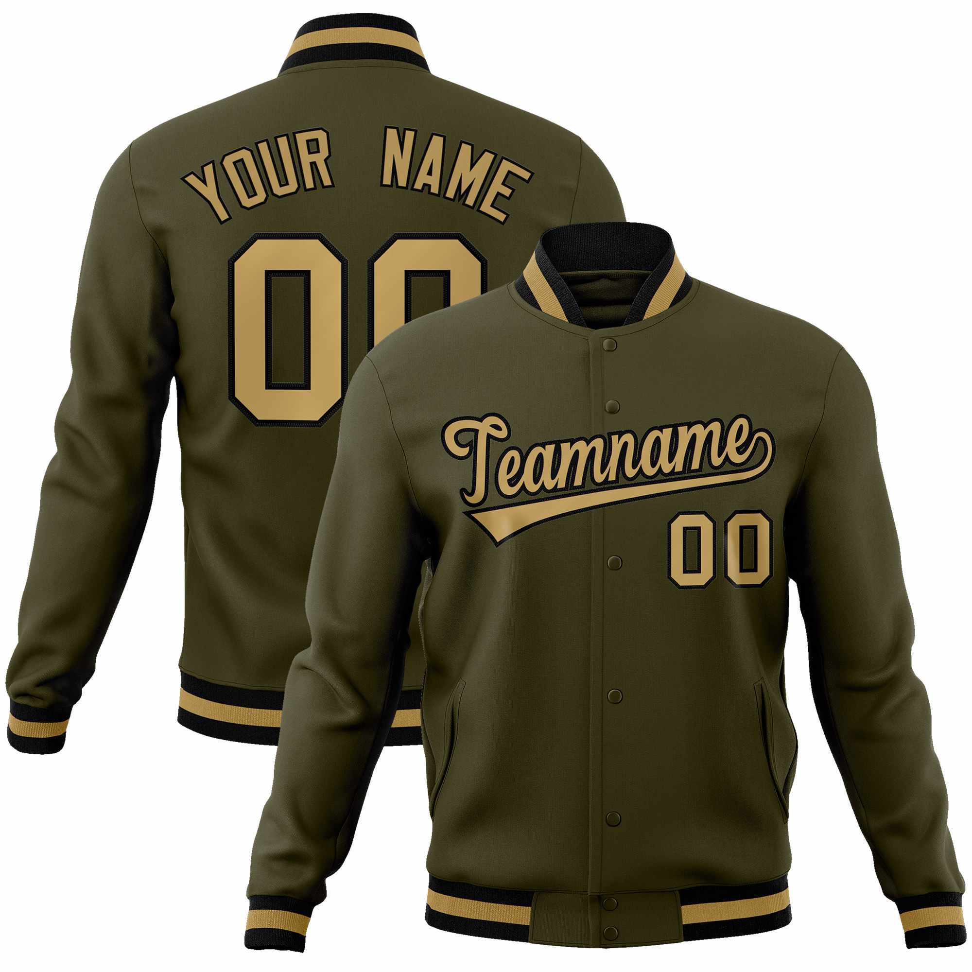 Custom Olive Old Gold-Black Classic Style Varsity Full-Snap Letterman Jacket