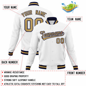 Custom White Old Gold-Navy Classic Style Varsity Full-Snap Letterman Jacket