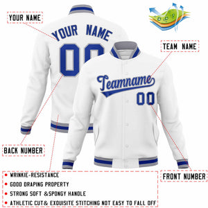 Custom White Royal-Gray Classic Style Varsity Full-Snap Letterman Jacket