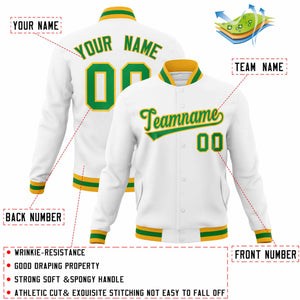 Custom White Kelly Green-Gold Classic Style Varsity Full-Snap Letterman Jacket