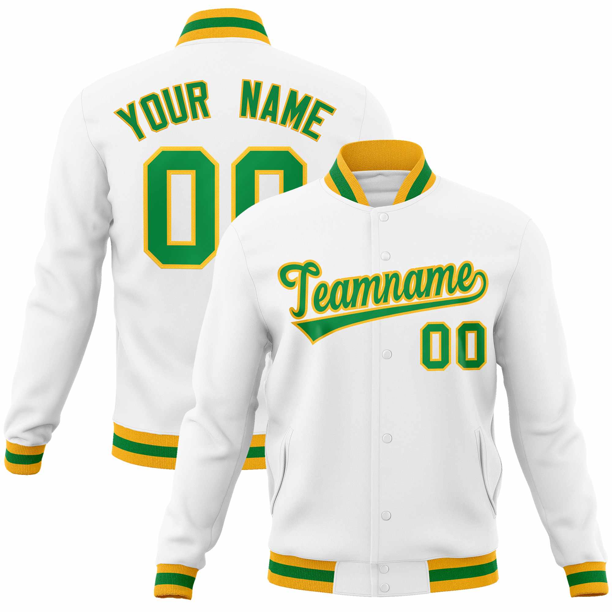 Custom White Kelly Green-Gold Classic Style Varsity Full-Snap Letterman Jacket