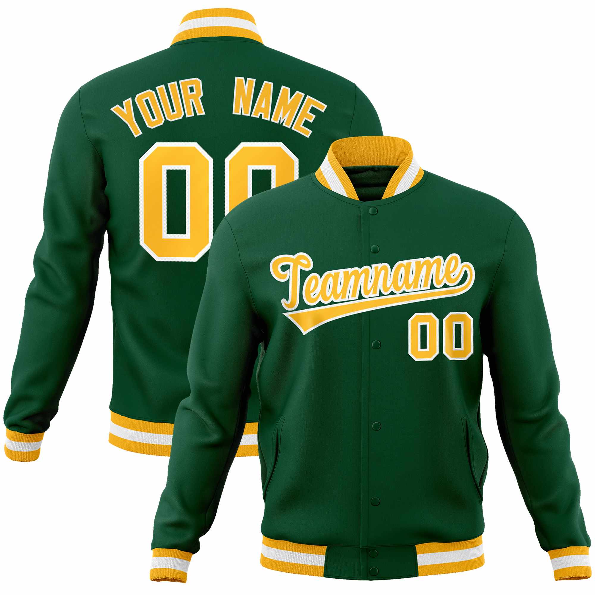 Custom Green Gold-White Classic Style Varsity Full-Snap Letterman Jacket