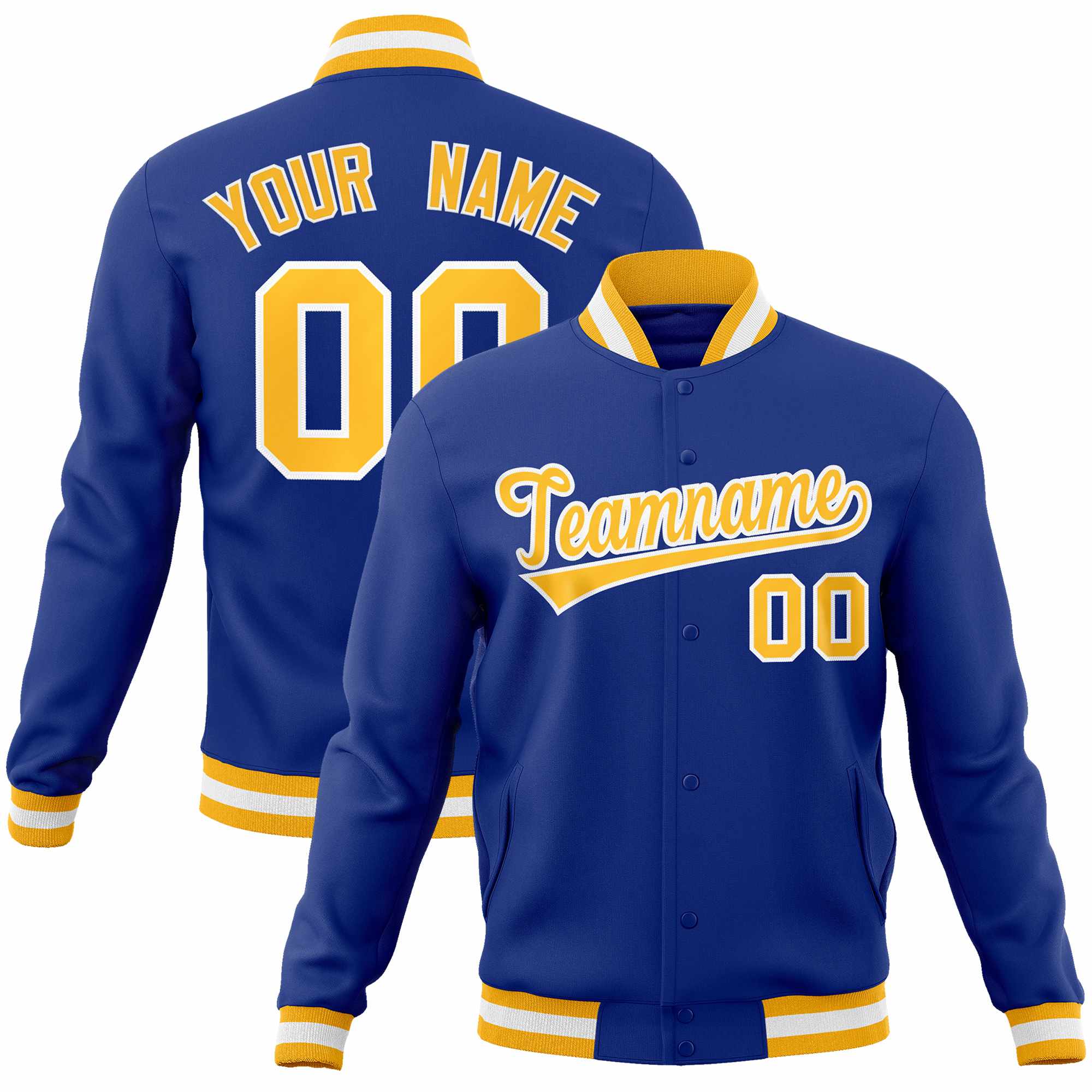 Custom Royal Gold-White Classic Style Varsity Full-Snap Letterman Jacket