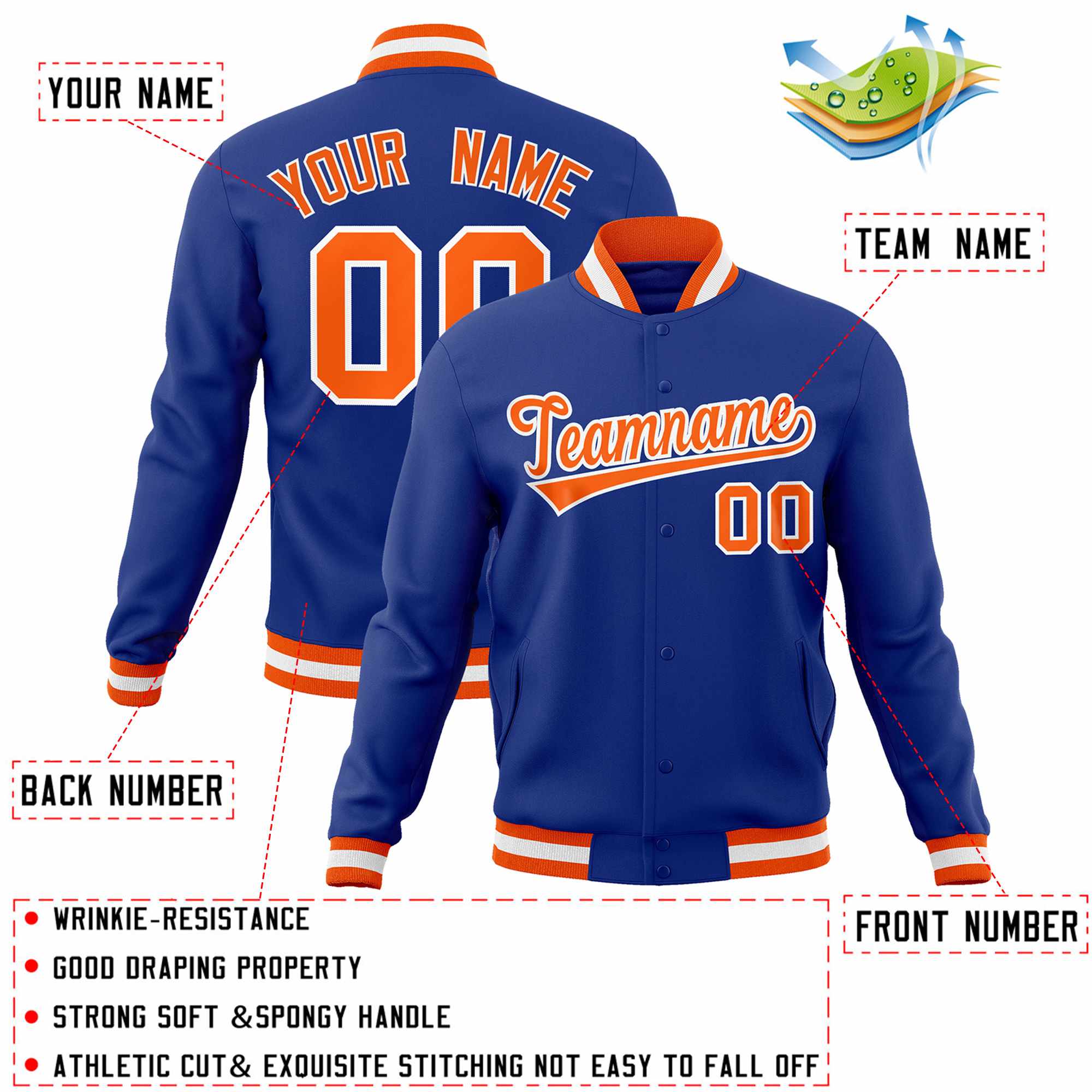 Custom Royal Orange-White Classic Style Varsity Full-Snap Letterman Jacket