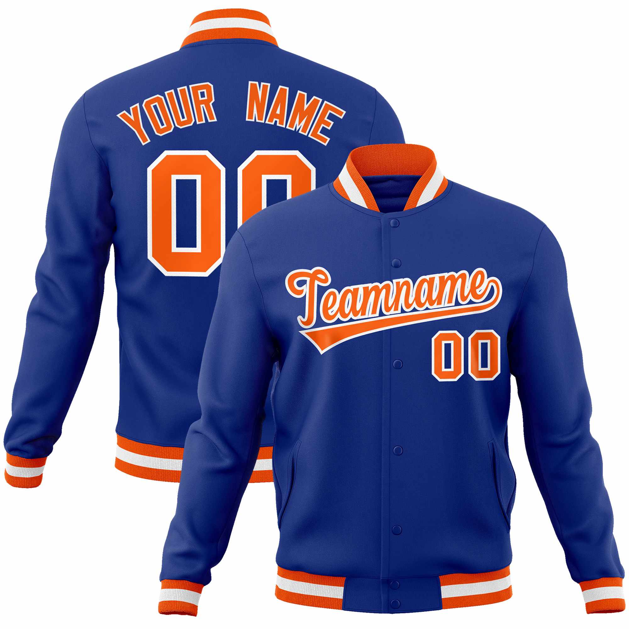 Custom Royal Orange-White Classic Style Varsity Full-Snap Letterman Jacket