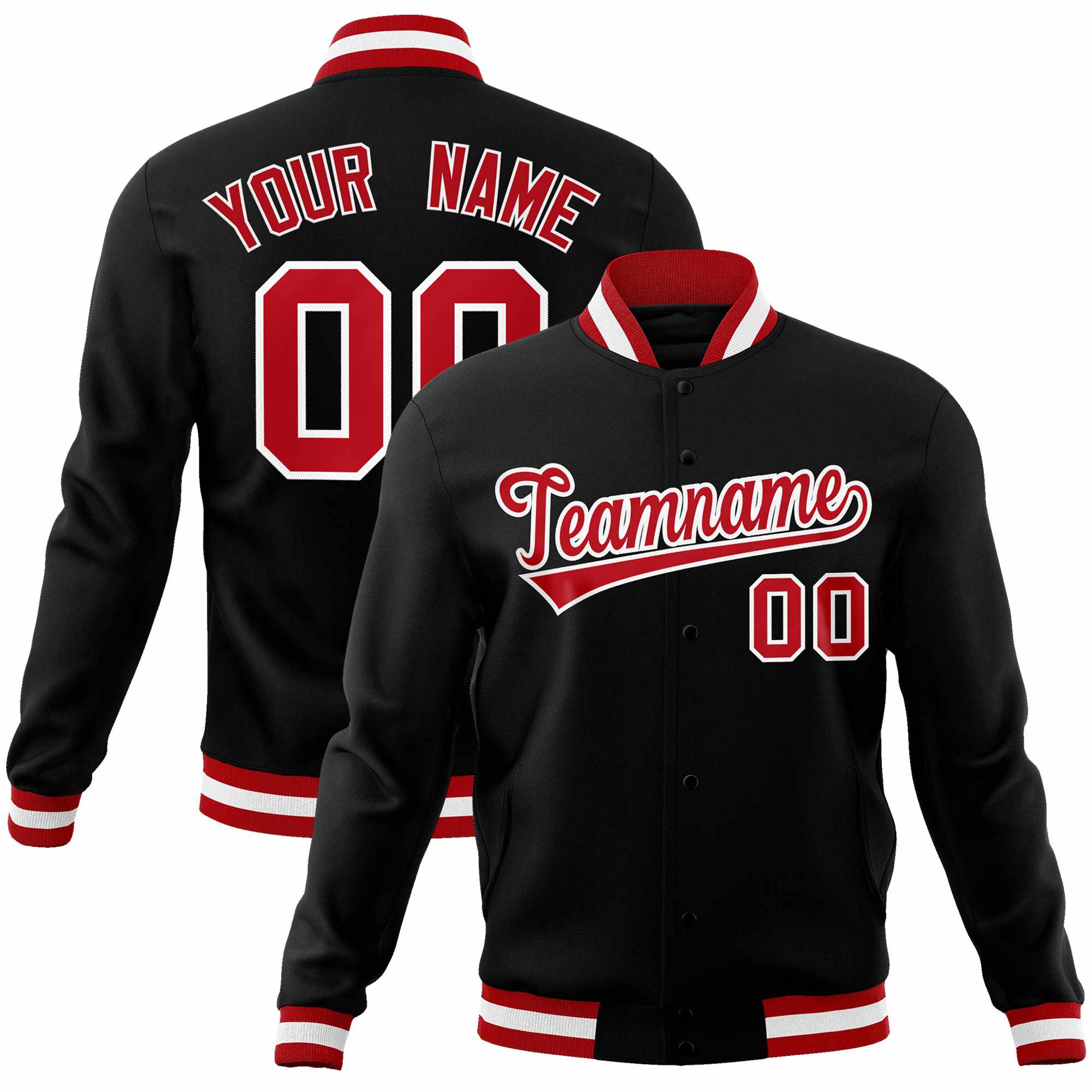 Custom Black Red-White Classic Style Varsity Full-Snap Letterman Jacket