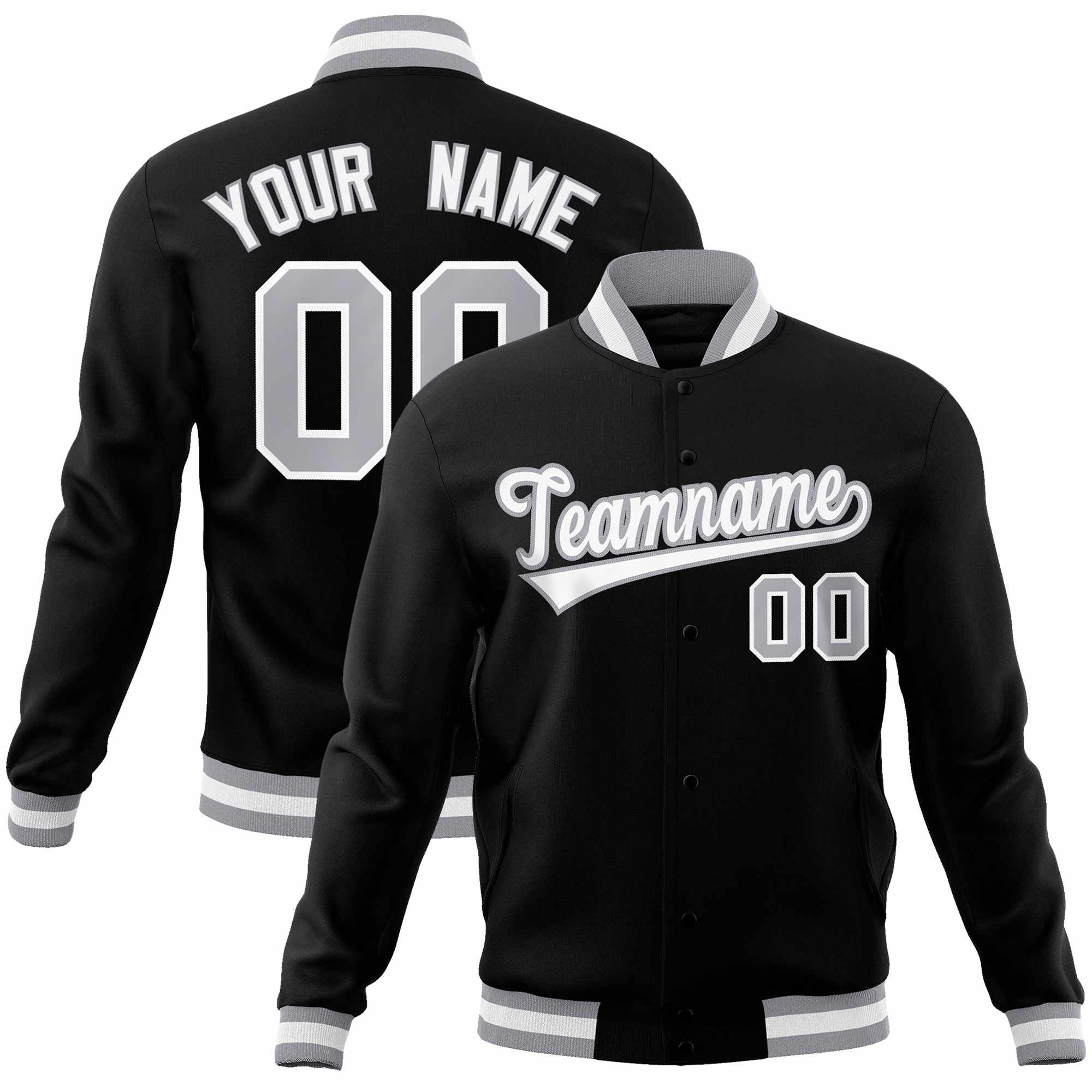 Custom Black White-Gray Classic Style Varsity Full-Snap Letterman Jacket