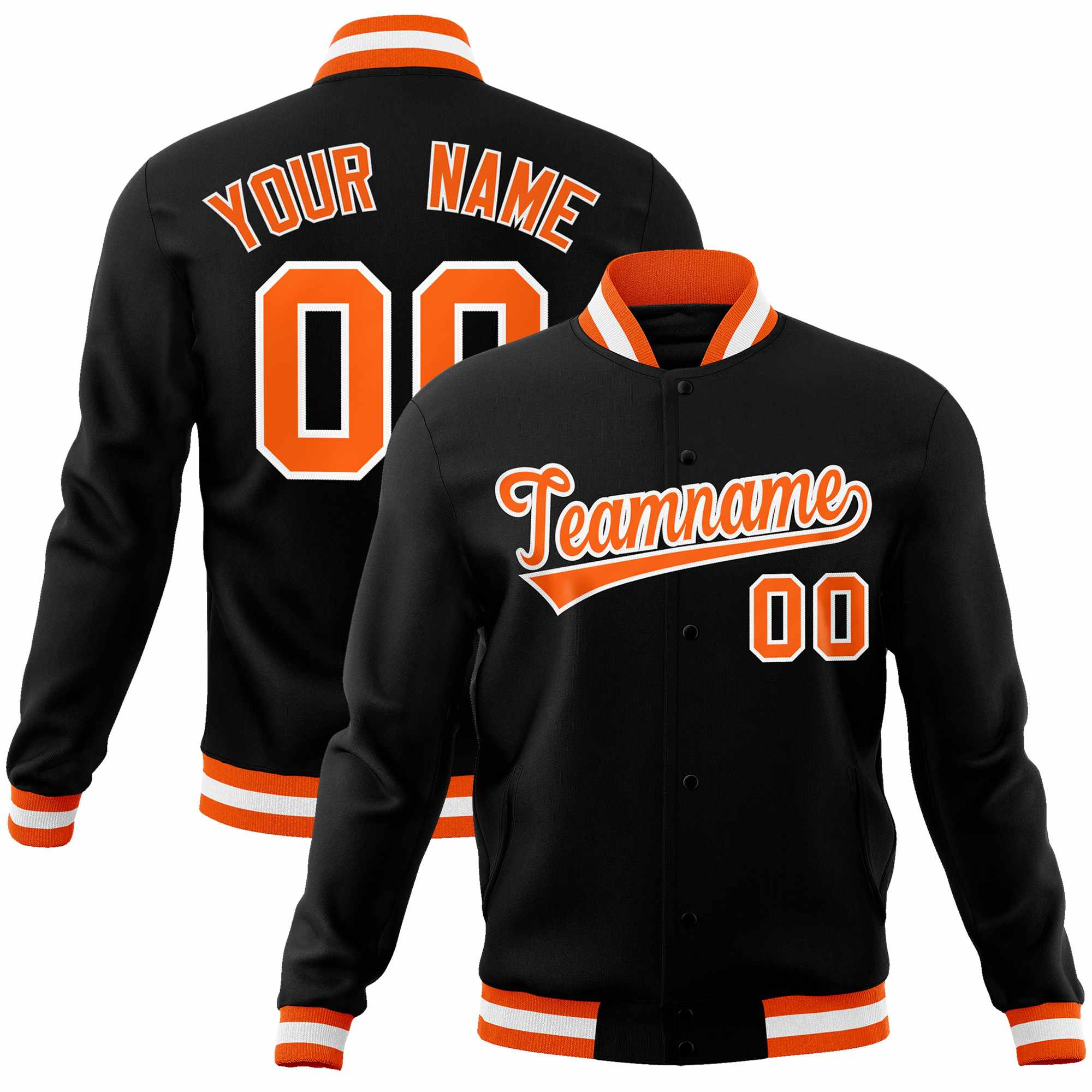 Custom Black Orange-White Classic Style Varsity Full-Snap Letterman Jacket