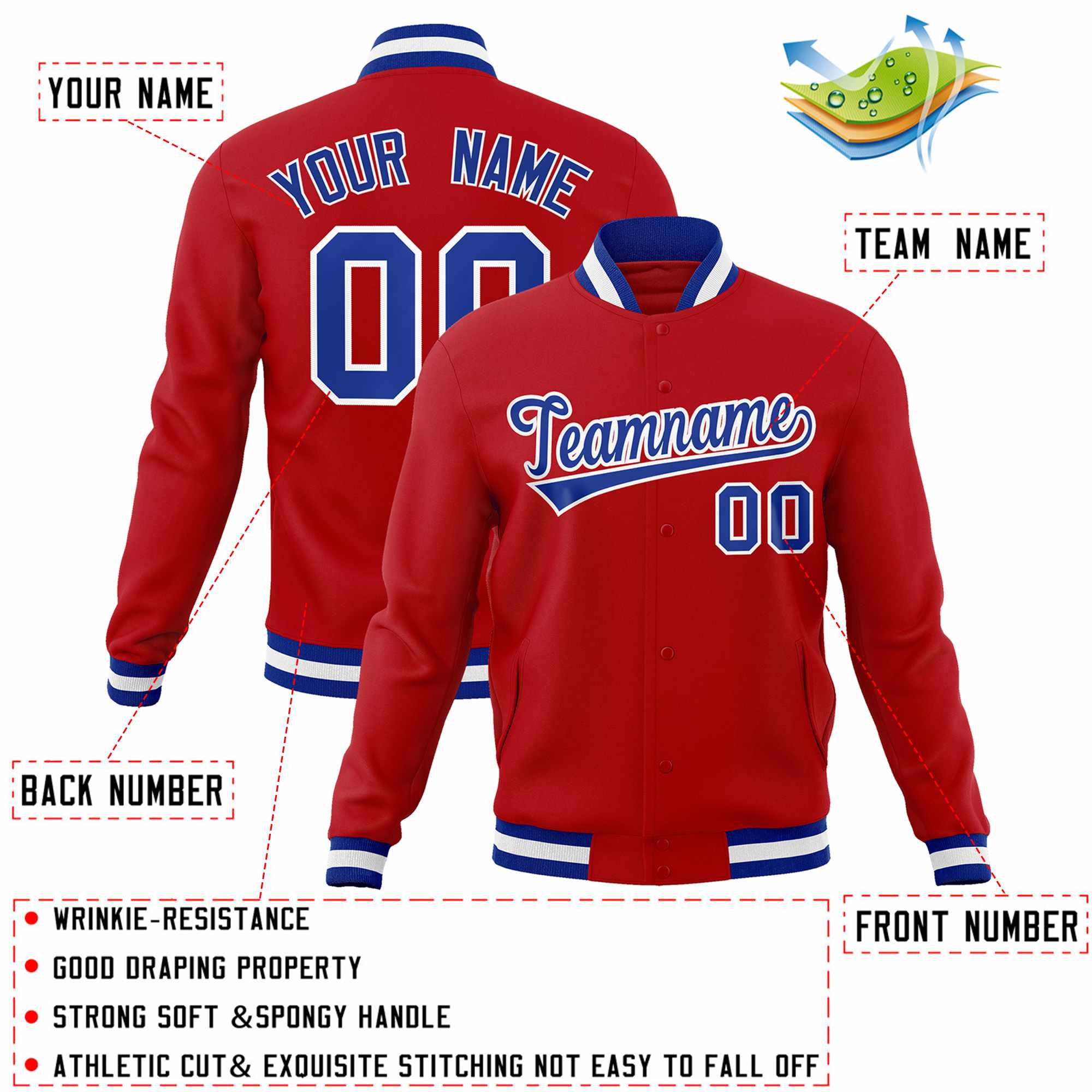 Custom Red Royal-White Classic Style Varsity Full-Snap Letterman Jacket