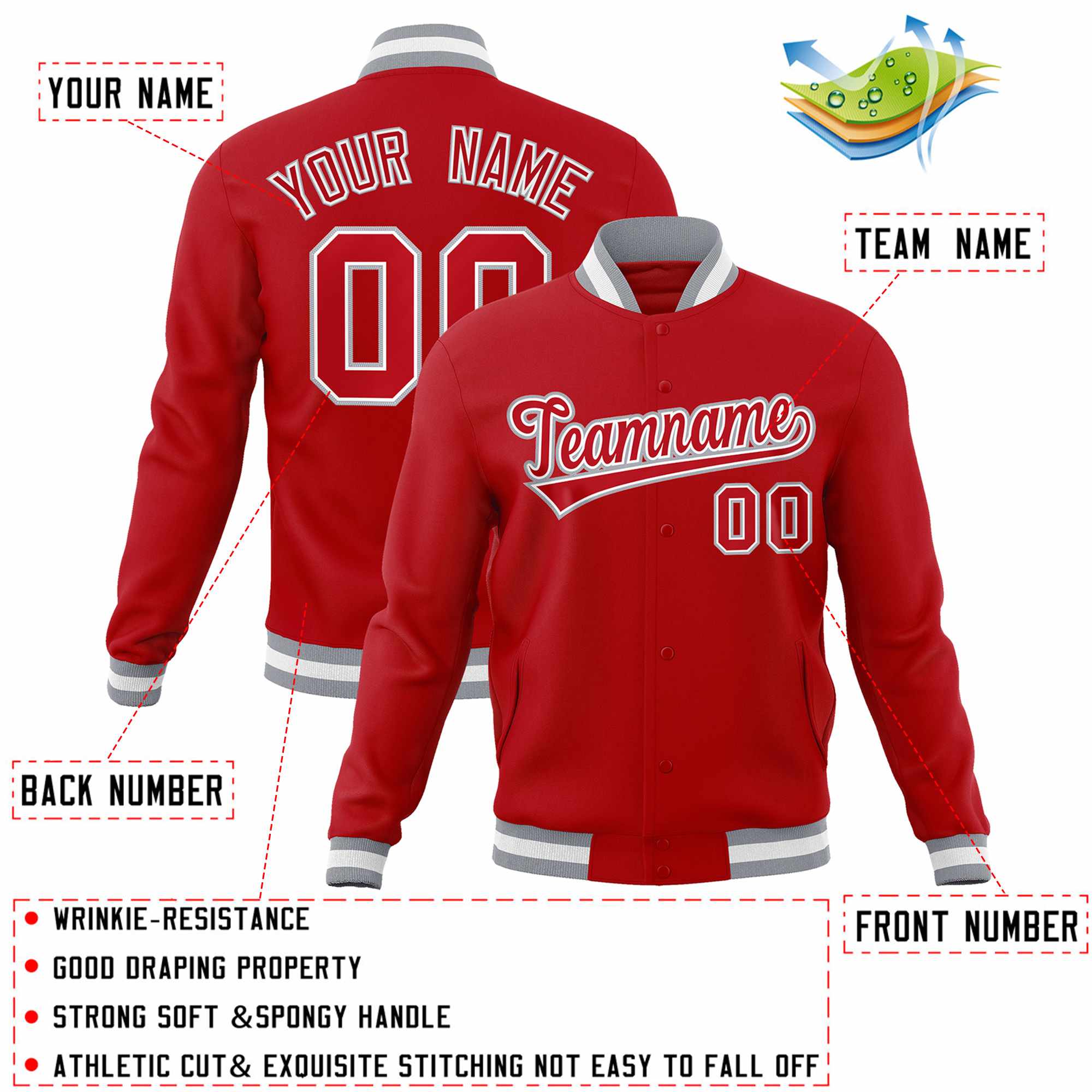 Custom Red Red-Gray Classic Style Varsity Full-Snap Letterman Jacket