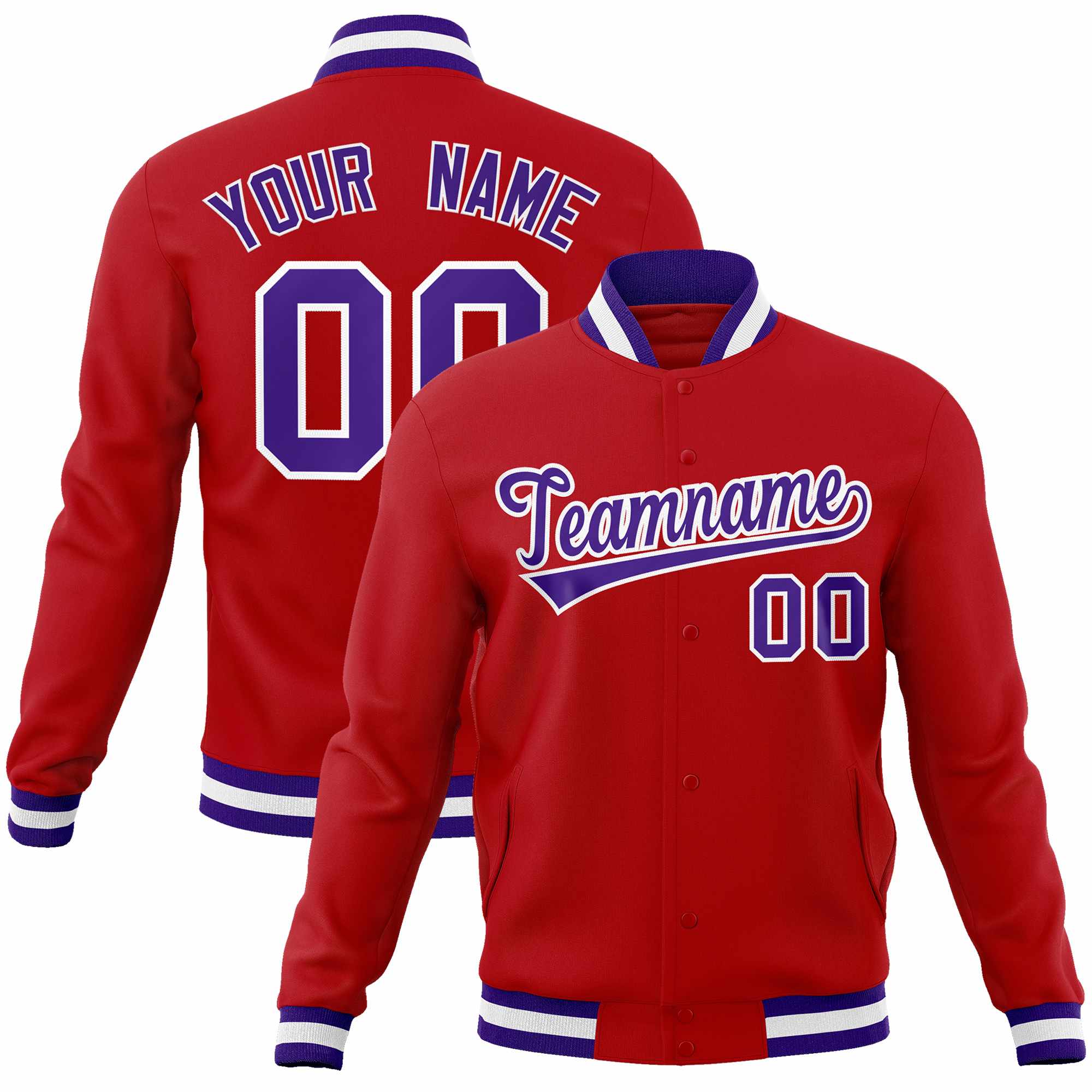 Custom Red Purple-White Classic Style Varsity Full-Snap Letterman Jacket