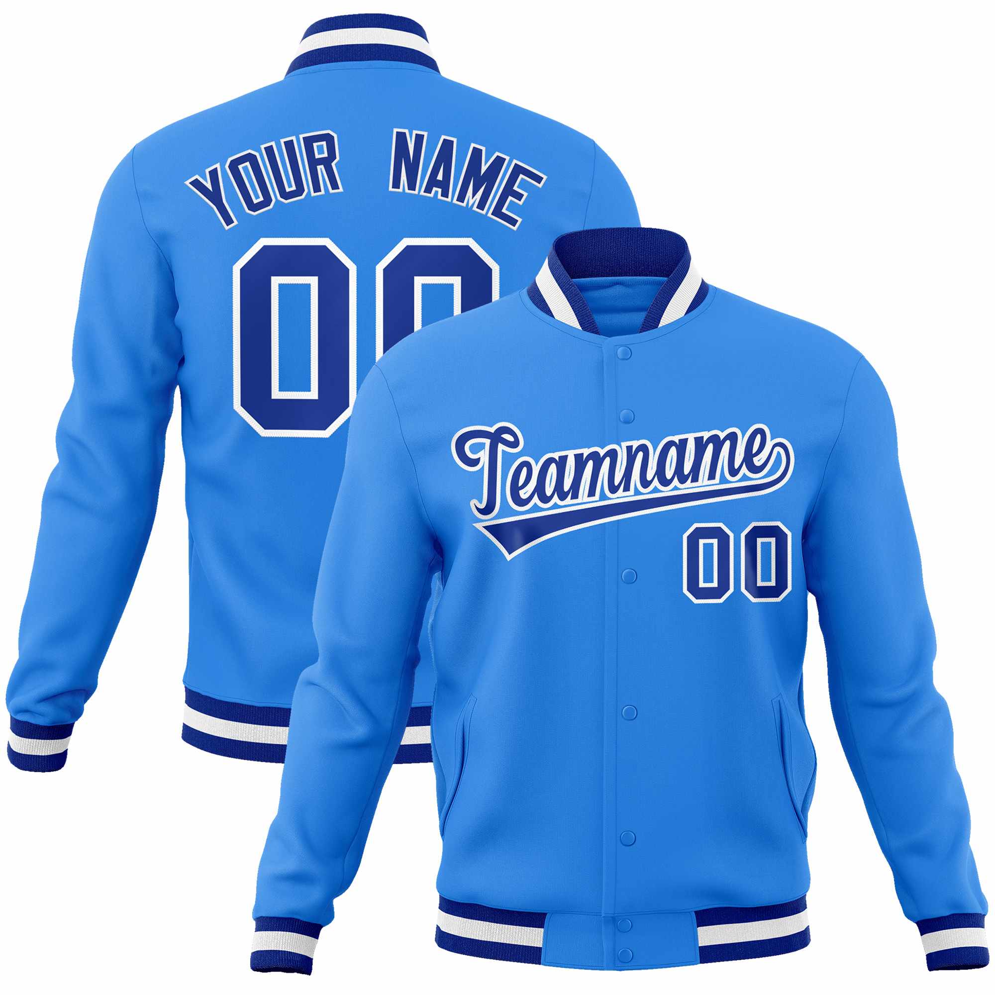 Custom Powder Blue Royal-White Classic Style Varsity Full-Snap Letterman Jacket