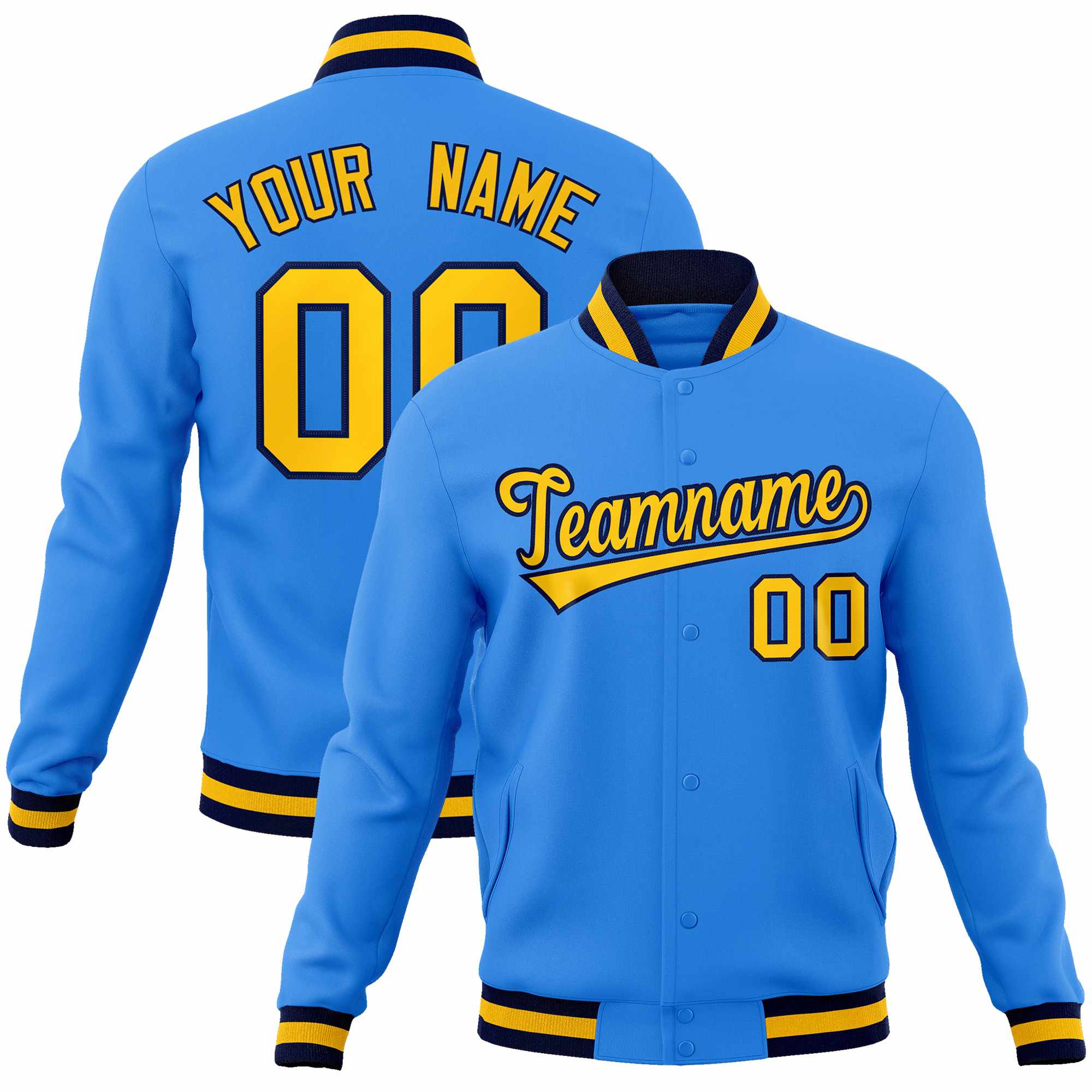 Custom Powder Blue Gold-Navy Classic Style Varsity Full-Snap Letterman Jacket