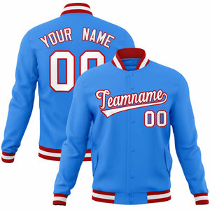 Custom Powder Blue White-Red Classic Style Varsity Full-Snap Letterman Jacket