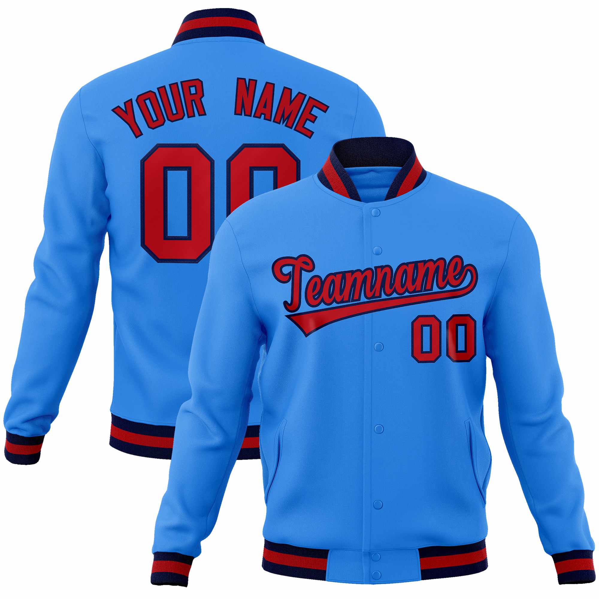 Custom Powder Blue Red-Navy Classic Style Varsity Full-Snap Letterman Jacket